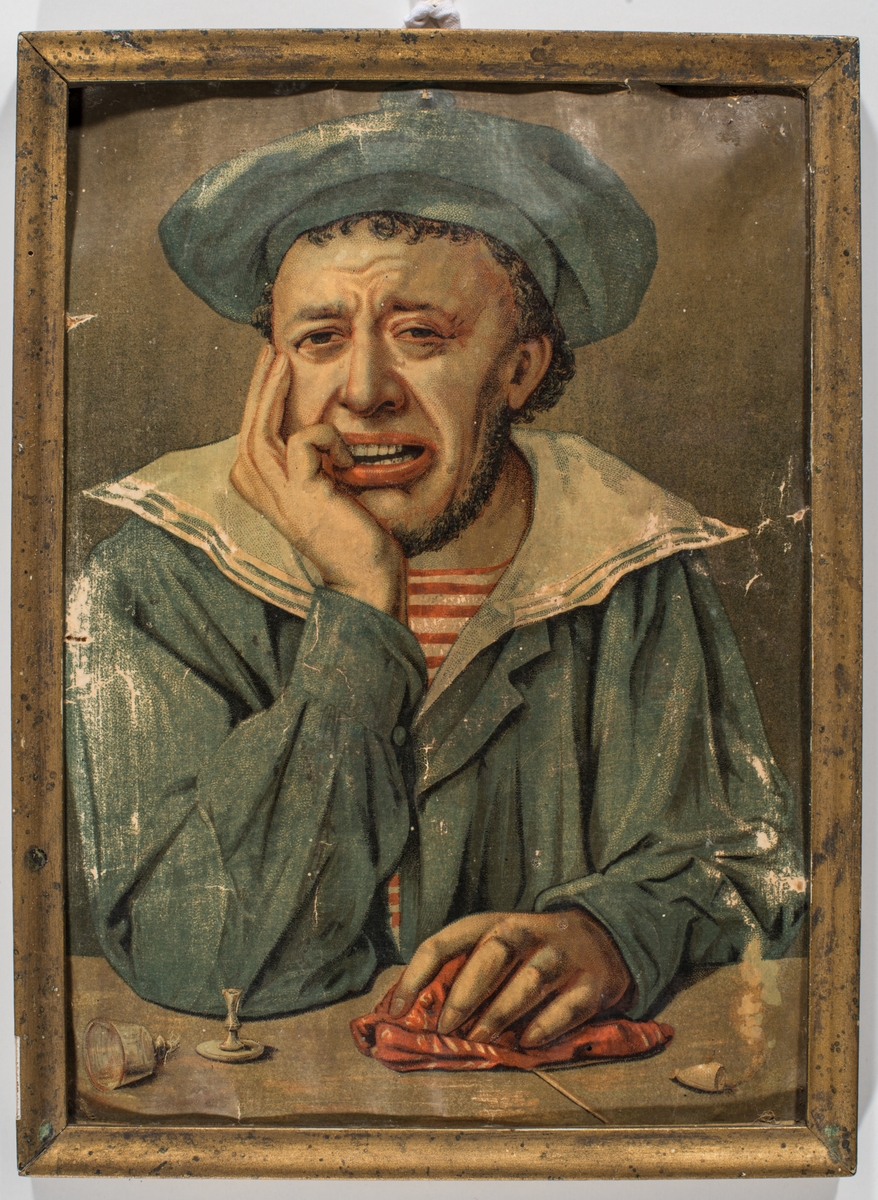 Glad sjöman med krossat vinglas och kritpipa.

Ram: Förgylld