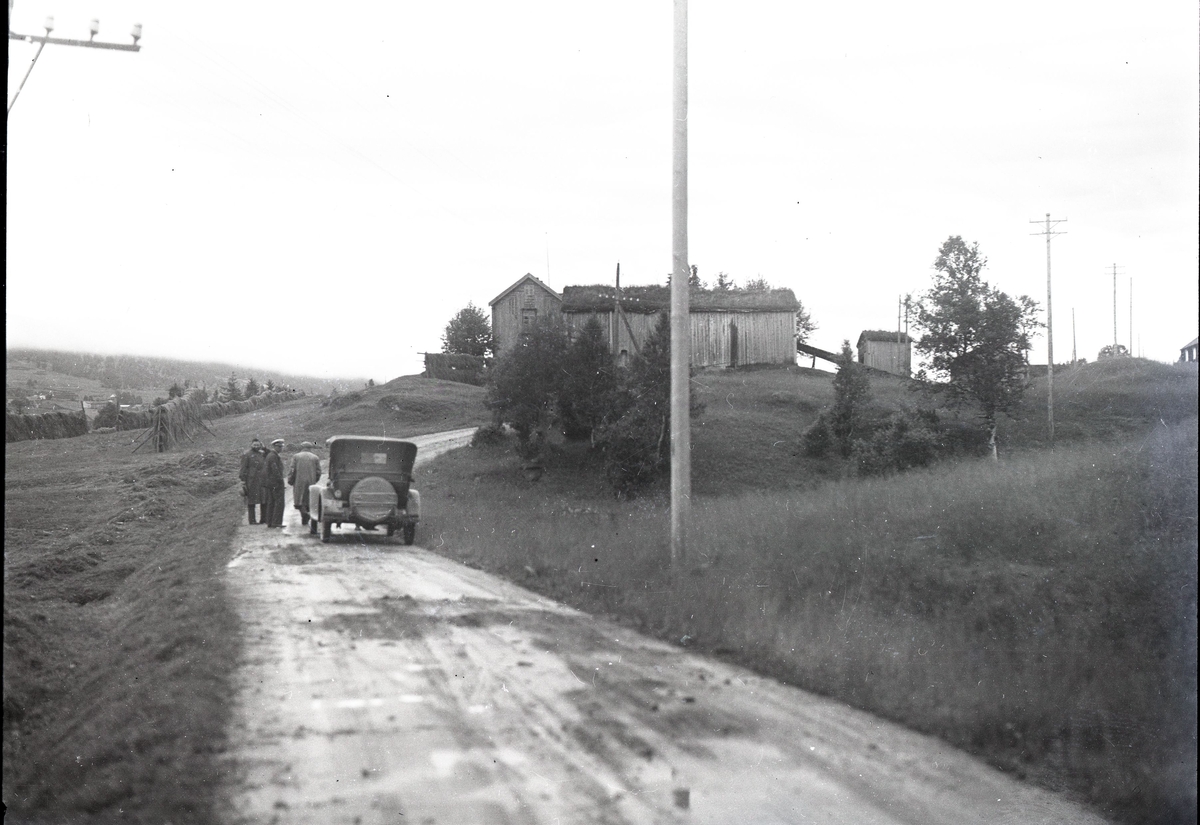 Foto av: bilen (utside og innside), veien med politi til stede, skog, åstedundersøking(?) ved et vann, utenfor en gård med politi og biler. Fra en overfallssak der to svensker visstnok var overfalt og drept, men det viste seg senere at den ene overfalt den andre. Etterforskningen ble utført av politifullmektig Hoel ved Uttrøndelag politikammer og politibetjent Dragvold ved Trondheim politikammer.