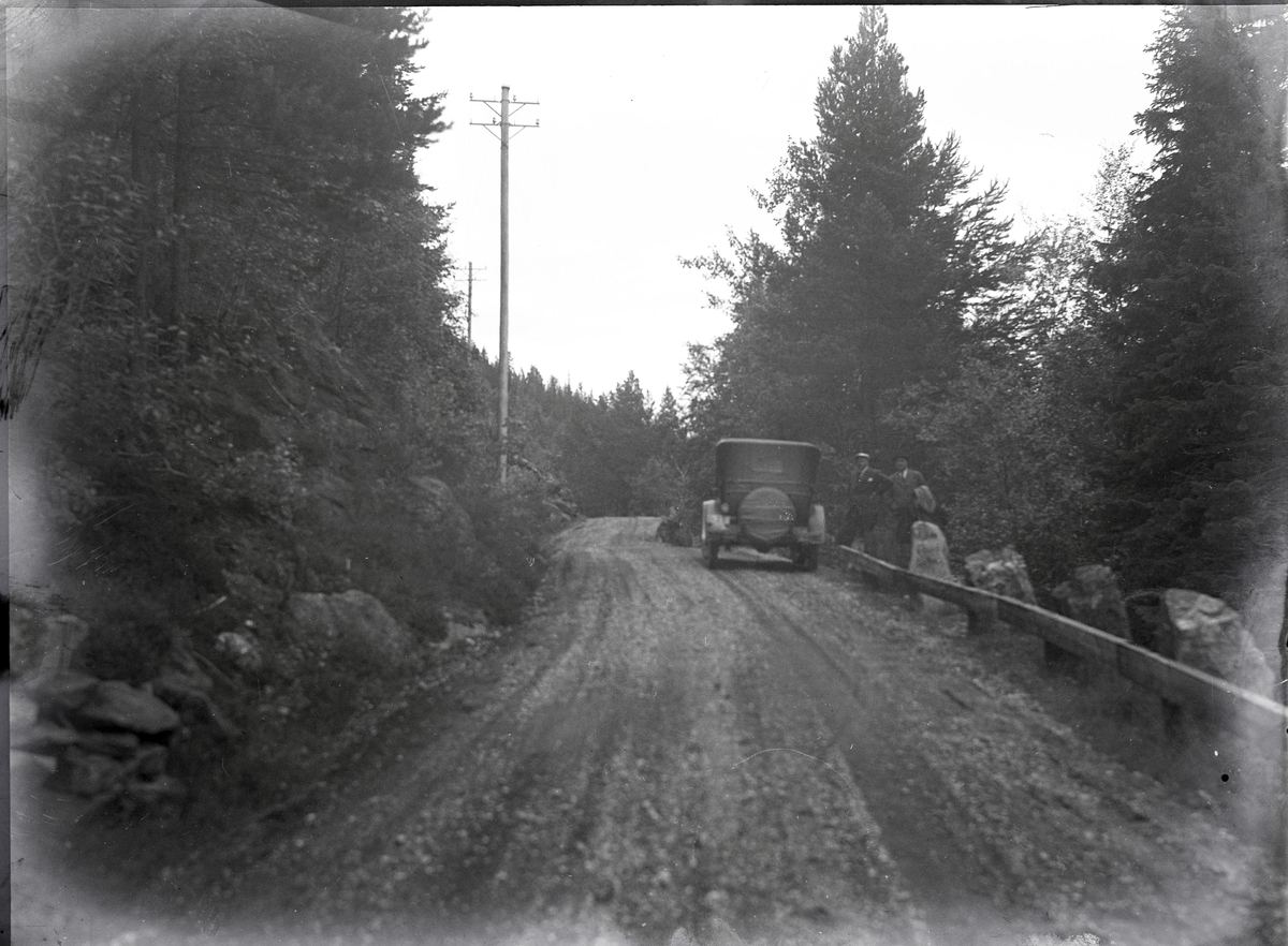 Foto av: bilen (utside og innside), veien med politi til stede, skog, åstedundersøking(?) ved et vann, utenfor en gård med politi og biler. Fra en overfallssak der to svensker visstnok var overfalt og drept, men det viste seg senere at den ene overfalt den andre. Etterforskningen ble utført av politifullmektig Hoel ved Uttrøndelag politikammer og politibetjent Dragvold ved Trondheim politikammer.