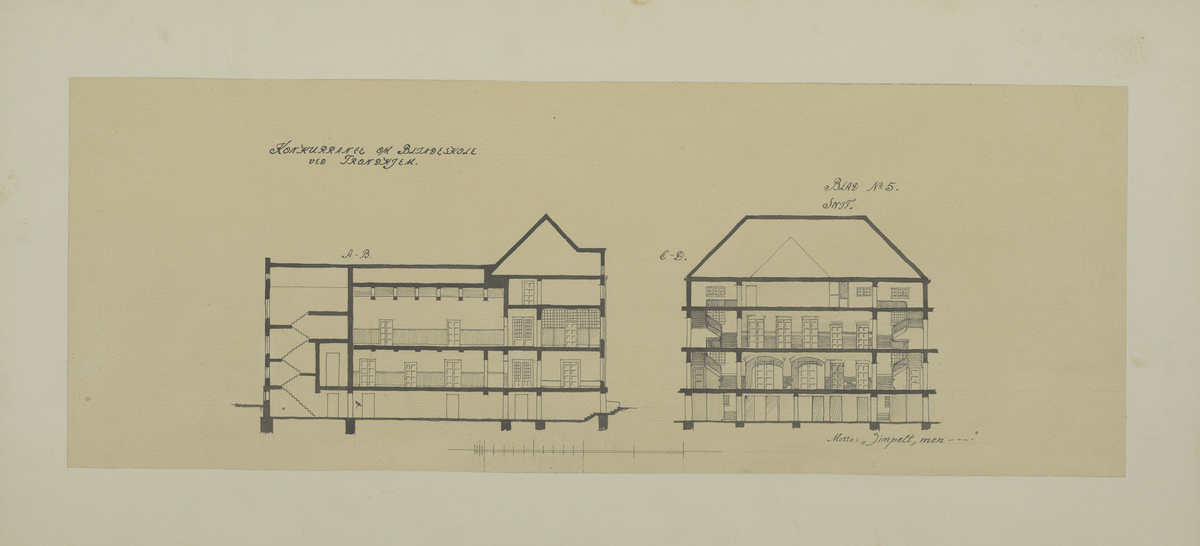 Mappe med materiale som omhandler tegnekonkurranse. Består av mappe (01), Konvolutt (02), visittkort (03-04), hefte (05), ark (06), og tegninger (07-19). 

Mappe i grovkornet kartong med tråd for knyting. Inne i mappa ligger 13 rektangulære tegninger. Tegningene er laget på hvitt papir som er limt på kartong. Noen tegninger er fargelagt, noen er i svart-hvitt. Sammen med tegningene ligger det et hefte av papir med trykt svart skrift fra komiteen som omtaler alle bidragene og vinneren, et ark med beskrivelse av det ene bidraget, samt en liten konvolutt med vokssegl som inneholder to visittkort.