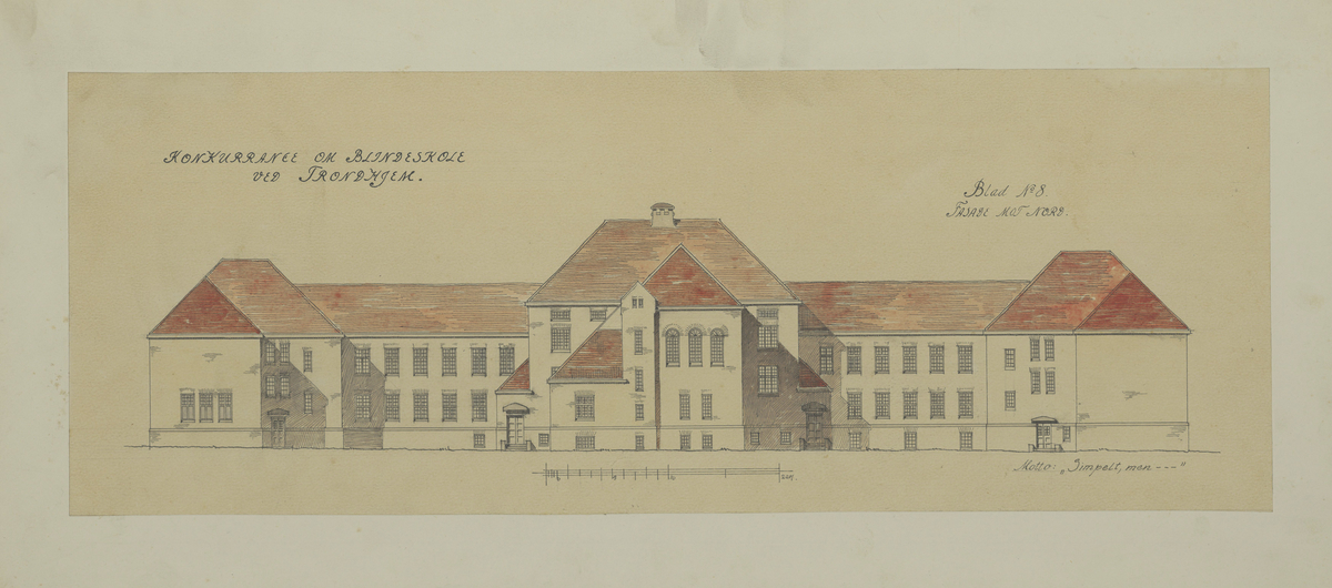 Mappe med materiale som omhandler tegnekonkurranse. Består av mappe (01), Konvolutt (02), visittkort (03-04), hefte (05), ark (06), og tegninger (07-19). 

Mappe i grovkornet kartong med tråd for knyting. Inne i mappa ligger 13 rektangulære tegninger. Tegningene er laget på hvitt papir som er limt på kartong. Noen tegninger er fargelagt, noen er i svart-hvitt. Sammen med tegningene ligger det et hefte av papir med trykt svart skrift fra komiteen som omtaler alle bidragene og vinneren, et ark med beskrivelse av det ene bidraget, samt en liten konvolutt med vokssegl som inneholder to visittkort.