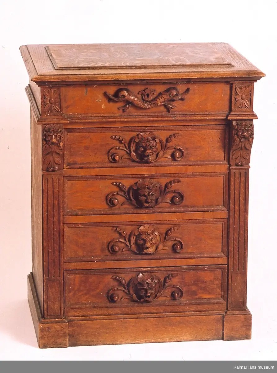 KLM 31928. Skåp. Av ek. Skåp med uppfällbar skiva och fyra utdragbara lådor. Utrymmet under skivan innehåller flera fack av förkromad plåt. I facken har funnits måleriutrustning, vilket bl.a. kan ses genom talrika målarfläckar på såväl plåt som skivans undersida. Skåpets framsida är rikt utskuren, bl.a. flera djurkäftar (lejon) i relief. Samtliga lådor dras ut med hjälp av en lejonkäft, nyckelhålet i munnen. Sprickor på skåpets kortsidor.