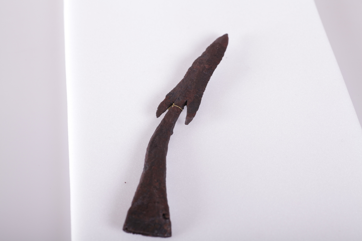 Spydspiss av jern med mothaker som type Rygh 212 fra eldre jernalder. Funnet i Vang i Valdres.