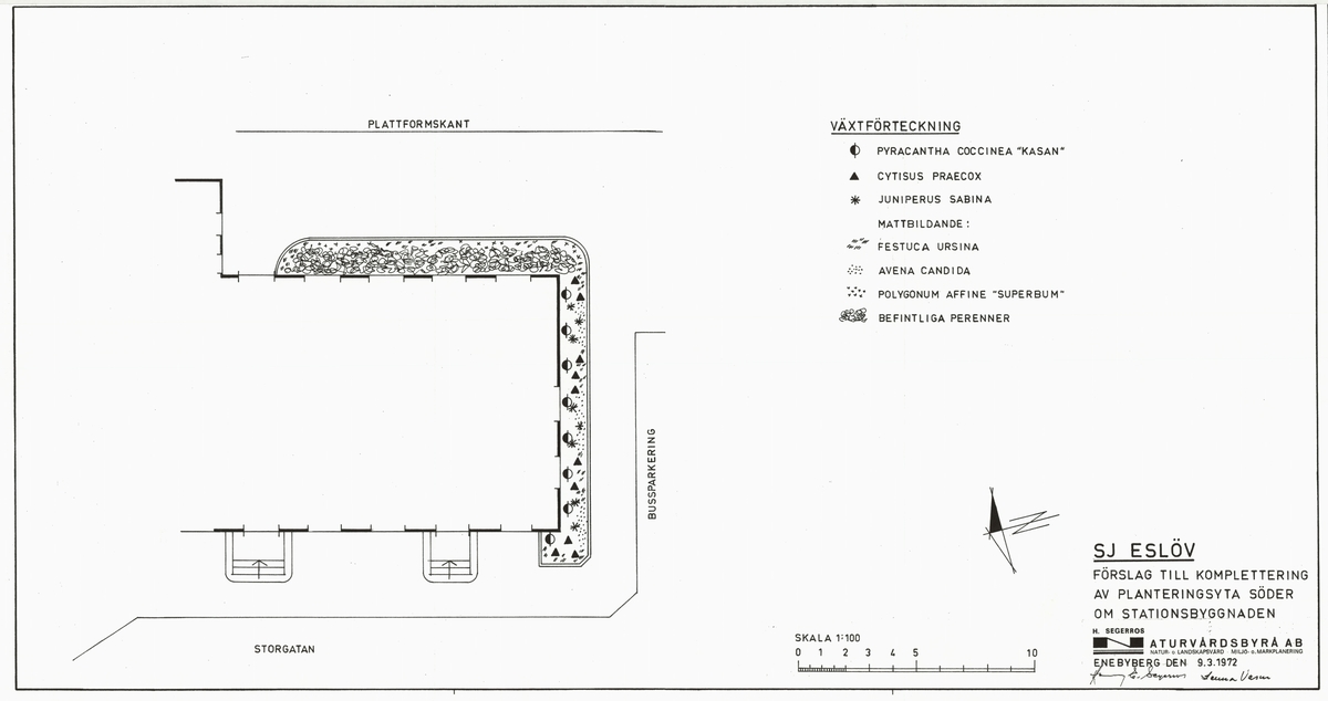 SJ Eslöv. Förslag till komplettering av planteringsyta söder om stationsbyggnaden.

Buskar: Cytisus praecox, Juniperus sabina.

Träd: Pyracantha coccinea "kasan".

Perenner: Avena candida, Festuca ursina, Polygonum affine "superbum".

Fogelbergs samling. Inför järnvägens 150-årsjubileum 2006 gjorde Fredrik Fogelberg och Charlotte Lagerberg Fogelberg ett utredningsarbete åt dåvarande Banverket om järnvägens planteringar. Närmare 200 planteringsskisser kopierades från Riksarkivet, landsarkiven och hos privatpersoner. Planteringsskisserna är digitaliserade från de gjorda kopiorna och inte från originalen i arkiven.