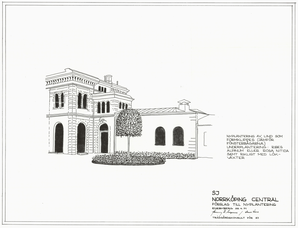 SJ Norrköping central. Förslag till nyplantering.

Buskar: Ribes alpinum.

Träd: lind (formklipps som fönsterbågarnas form).

Rosor: Rosa nitida.

Lökväxter: lökväxter - rikligt.

Fogelbergs samling. Inför järnvägens 150-årsjubileum 2006 gjorde Fredrik Fogelberg och Charlotte Lagerberg Fogelberg ett utredningsarbete åt dåvarande Banverket om järnvägens planteringar. Närmare 200 planteringsskisser kopierades från Riksarkivet, landsarkiven och hos privatpersoner. Planteringsskisserna är digitaliserade från de gjorda kopiorna och inte från originalen i arkiven.