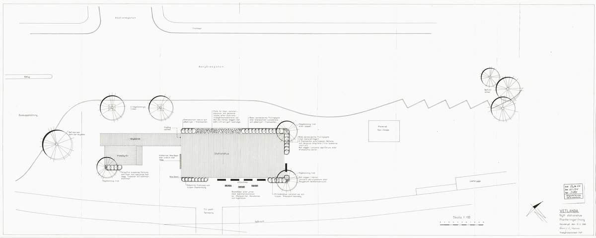 Vetlanda. Nytt stationshus. Planteringsritning.

Buskar: Amelanchier canadensis, Amelanchier laevis, Aristolochia durior, Forsythia suspensa fortunei, Lonicera caprifolium, Lonicera periclymenum, Philadelphus coronarius, Polygonum baldschuanicum, Potentilla fruticosa, vildvin.

Träd: lind, ask, poppel, alm.

Annueller: Penstemon, Ageratum, Margueriter, sommarblommor.

Perenner: perenner, Veronica longifolia.

Rosor: klätterros New dawn, Rosa spinosissima Frülingsgold

Lökväxter: påskliljor, tulpan Zwanenburg, tulpan President Kennedy, gula tulpaner bellona.

Fogelbergs samling. Inför järnvägens 150-årsjubileum 2006 gjorde Fredrik Fogelberg och Charlotte Lagerberg Fogelberg ett utredningsarbete åt dåvarande Banverket om järnvägens planteringar. Närmare 200 planteringsskisser kopierades från Riksarkivet, landsarkiven och hos privatpersoner. Planteringsskisserna är digitaliserade från de gjorda kopiorna och inte från originalen i arkiven.