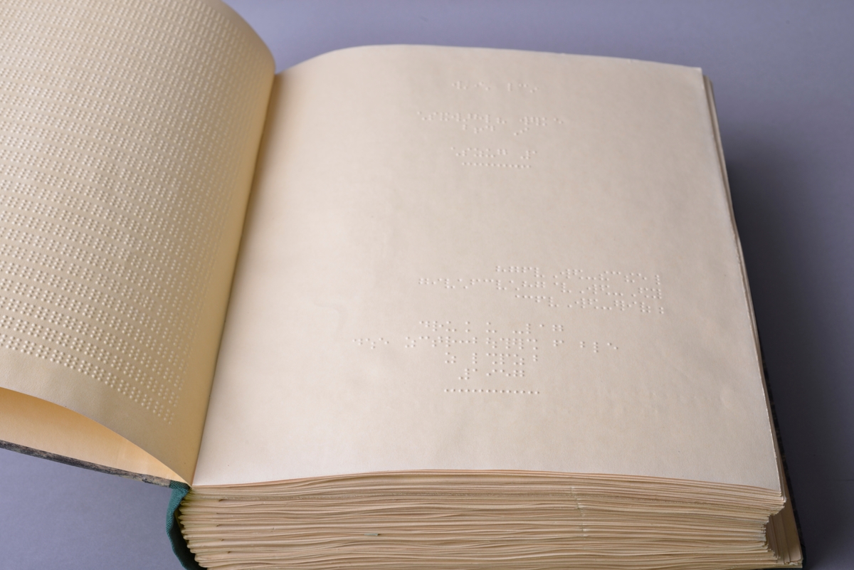 Innbundet bok med punktskrift. Tosidig trykk. Gråsvart omslag av kartong. Forsats av gult papir. Sidene er av gult papir. Tekstilhalvbind; ryggen og hjørnene er forsterket med grønn tekstil.