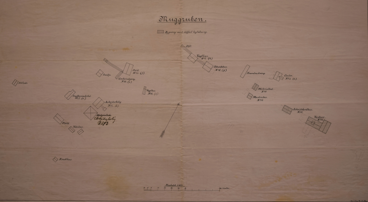 Repro av dagkart over Muggruva datert 1896.

Kartet finnes i Røros Kobberverks arkiv.