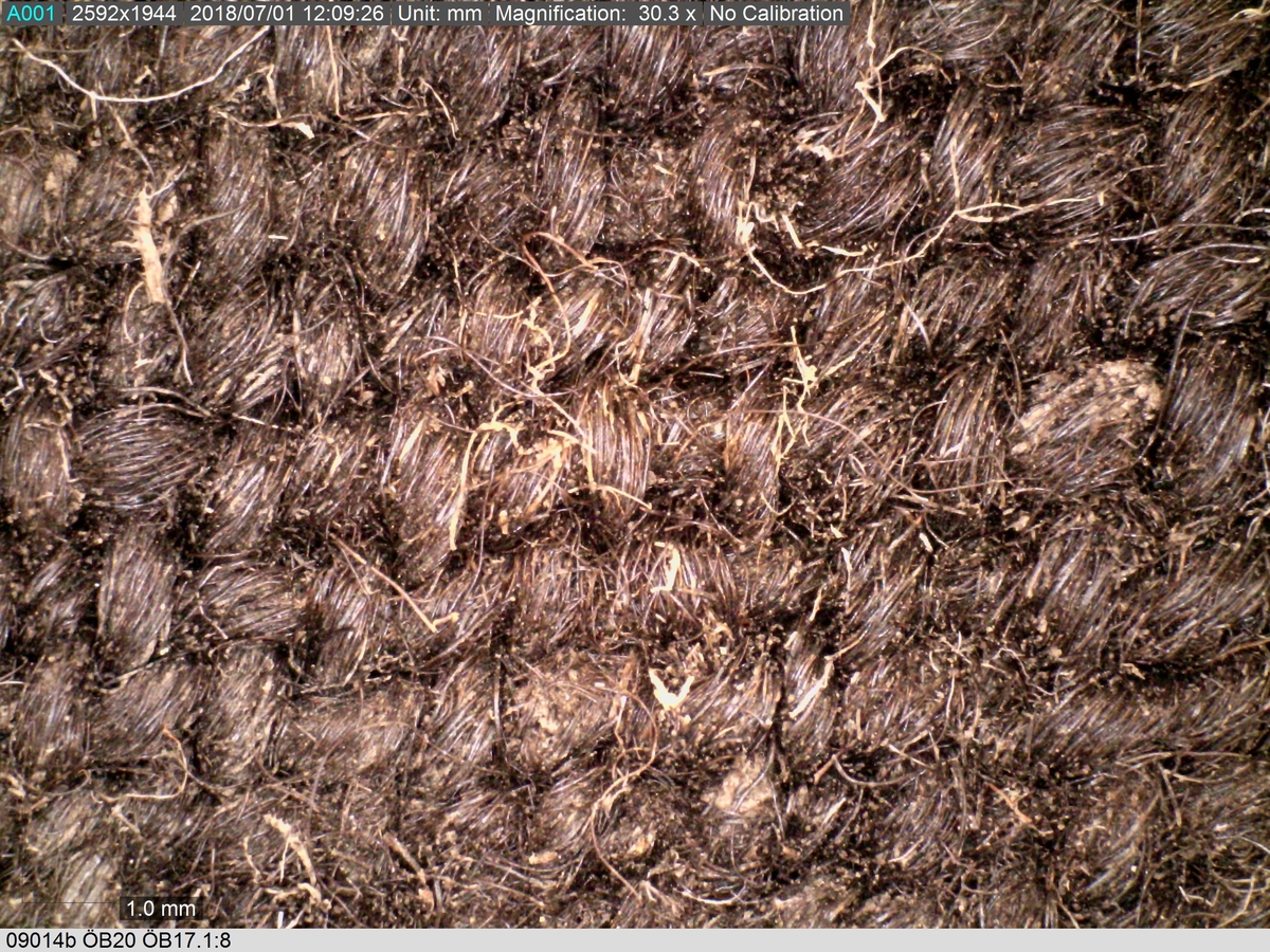 Textildokumentation 2018
Textil, fyndnumret består av mer än 50 st fragment uppdelade på 09014a-h.
Kontextgrupp ÖB20 (övriga fyndnummer i gruppen: 07732, 07762, 09228)
Relaterade fynd: Kontextgrupp ÖB17 och ÖB 18.
.
Fnr 09014a Typnr ÖB20.3:1
Sammanfattning - Ett textilfragment av ull vävt i tuskaft. Färgen är nu mörkbrun, fibrerna varierar i färg vilket tyder på att det är naturfärgad ull. Fibrerna är i vissa partier skadade på ytan och ser därför vita ut. Väven är tunn, jämn och fin och har inga spår av ytbehandling. Fragmentet har tre tillskurna kanter, två av dessa har spår av tre olika sömmar (söm 1: kvicksöm/förstygn). Formen tyder på att det är ett skört till en tröja. Andra delar: Jämför med 07726. 
.
Fnr 09014a Typnr ÖB20.4:1
Sammanfattning - Ett textilfragment av ull vävt i tuskaft. Färgen är nu mörkbrun, originalfärg okänd. I mikroskop ser tyget blåsvart ut. Väven är mycket jämn och slät. I sömsmånen på sida A finns bevarad lugg, på sida B är luggen så välbevarad att bindningen inte syns. Fragmentet har två tillskurna kanter med hål och avtryck av sömmar, även trådrester finns (söm 1: kaststygn - fälld kant, söm 2: ev förstygn - sammanfogande, söm 3: kaststygn - fälld kant). På sida B finns blåfärgad ull och silkesfibrer. 
.
Fnr 09014a Typnr ÖB20.5:1
Sammanfattning - Ett textilfragment av ull vävt i tuskaft. Väven är jämn och tät. En av kanterna är troligen tillskuren, inga sömrester finns. Tyget har inga spår av ytbehandling. På ytan finns en del bastfibrer. Relaterade fynd: Vävens struktur liknar ÖB20.4:1 men tygerna har ändå olika karaktär och detta fragment saknar lugg. 
.
Fnr 09014a Typnr ÖB20.6:1
Sammanfattning - Ett textilfragment av ull vävt i tuskaft. Färgen är nu brun, originalfärg är okänd men möjligen naturfärgad, fibrerna är mycket släta och varierar i färg från brun till nästan svart. Fragmentet är litet och mycket skadat, endast några få bindepunkter återstår vilket försvårar mätningar. 
.
Fnr 09014a Typnr ÖB20.7:1
Sammanfattning - Ett textilfragment av  ull vävt i tuskaft. Färgen är svartbrun, originalfärg okänd men möjligen naturfärgad då fibrernas färg varierar. Inga tydliga spår av ytbehandling. Väven är jämn men garnet är hårt spunnet vilket ger tyget en kypertkaraktär (falsk kypert). Fragmentet har inga tillskurna kanter eller sömmar. På ytan finns enstaka vita silkesfibrer.
.
Fnr 09014a Typnr ÖB20.8:1
Sammanfattning - Ett textilfragment av ull. Fragmentet är mycket litet och dåligt bevarat så bindningen är svår att avgöra, troligen 2/2 kypert. Färgen är svart, möjligen naturfärgad ull då fibrerna varierar något i färg. Tyget har ingen synlig ytbehandling. Garnet är hårt spunnet vilket ger tyget en speciell karaktär. 
.
Fnr 09014b Typnr ÖB17.1:8-11
Sammanfattning - Fyra textilfragment av ull vävt i tuskaft. Färgen är mörkbrun, originalfärg okänd men den bruna tonen slår mot röd. Tre av fragmenten har tillskurna kanter och spår av sömmar. Andra delar, som troligen kommer från samma tröja, är fnr 03261a och d, 09014h samt 09228a. 
Fragment ÖB17.1:9 - Fragmentet har två tillskurna kanter varav den ena har spår av en söm. Fragmentet är troligen sidostycket till en tröja. Den tillskurna kanten har då varit monterad mot tröjans bakstycke och bör ha hört samman med fyndnummer 03261d, vilket är ett bakstycke till en tröja.
Fragment ÖB17.1:10 - Fragmentet är mycket skadat men är troligen av typen ÖB17.1. Formen är densamma som för del av fragment ÖB17.1:9 och kan därför vara en dubblering av detsamma, alternativt det motstående sidostycket.
.
Fnr 09014c Typnr ÖB20.9:1-19
Sammanfattning - Nitton textilfragment av ull vävt i tuskaft. Färgen är brun, originalfärg okänd. Sida B har en kort tät lugg som döljer bindningen. På sida A finns ingen lugg och bindningen är synlig. Fjorton av fragmenten har tillskurna kanter och sömmar. Tre av fragmenten har sydda knapphål. Flera fragment är dräktdelar, till exempel finns en fragmentarisk krage. På ytan på flertalet fragment finns fibrer i flera klara färger, till exempel rosa, röd och blå. Vita fibrer finns i stor mängd, kan vara recenta.

Fragment ÖB20.9:1 - Fragmentet har flera tillskurna kanter med avtryck och hål efter olika typer av sömmar (söm 1: ev. sammanfogande, söm 2: kaststygn - fåll, söm 3: kaststygn - sammanfogande, söm 4: kaststygn - sammanfogande, söm 5: osäkert, söm 6: osäkert), trådrester finns. Kanterna och sömmarnas karaktär gör att sida A bedöms vara plaggets rätsida/utsida. Några hål som ej är stygnhål men kan vara original finns. I fragmentet sitter fast två stycken silkestrådar (söm 7: silkestråd med knut, fäst i tyget, söm 8:  silkestråd med ögla, fäst i tyget). Det är samma typ av tråd som knapphålen på fragment ÖB20.9:2 är sydda med. På sida A finns ett område med extra mycket korrosion och även en långsmal vitaktig avlagring.

Fragment ÖB20.9:2 - Fragmentet har inga bevarade tillskurna kanter, dock finns en någorlunda välbevarad rad med knapphål. Samtliga knapphål är trasiga i ena sidan så deras ursprungliga storlek går ej att avgöra. Knapphålen är sydda med knapphålsstygn i silkestråd och sitter med 13-15 mm mellanrum (c/c mått). Det tvärställda tränsen består av ca 10 stygn och syns ej på sida B, tränsens knutar sitter vända från knapphålet. På sida B anas rester av bastfiber under knapphålsstygnen, troligen från en dubblering av tyget eller ett foder. 

Fragment ÖB20.9:3 - Fragmentet har fyra stycken knapphål, varav ett är helt. Knapphålen är skurna på skrådden. Eventuellt finns spår av en söm längs en del av kanten. Knapphålsstygn och trådrester är mycket fragmentariska.

Fragment ÖB20.9:4 - Fragmentet har tre stycken knapphål.  Knapphålen är sydda med knapphålsstygn i silkestråd. Knapphålens längd är 19-20 mm och de sitter med 18-22 mm mellanrum (c/c mått). Eventuellt är fragmentets ena kant en sömsmån, kan ha varit monterad mellan andra tyglager (kanten har avvikande färg). Under knapphålsstygnen på sida B finns rester av annat material, eventuellt bastfiber. Bastfibrer finns också utspridda över ytan på sida B, kan vara rester av en dubblering till tyget eller ett foder, se fragment 9:2. På sida A finns avlagringar och korrosion. 

Fragment ÖB20.9:5 - Fragmentet har bristningar i tyget som ser ut som knapphål, dock finns inga rester av stygnhål eller tråd. Fragmentets ena kant är troligen en sömsmån, kan ha varit monterad mellan andra tyglager (kanten har avvikande färg). Enstaka spår av söm och tråd finns längs kanten (söm 1), dessa är mycket otydliga. På fragmentets andra (mycket trasiga) kant finns ett mycket tydligt stygnhål. Fragment 9:4 och 9:5 ser ut att kunna höra ihop, dock går trådsystemen åt olika håll så det är inte fallet.

Fragment 9:6-9 - Till det stora fragmentet 9:6 hör det lilla lösa fragmentet 9:7. I fragment 9:6 sitter två fragment fastsydda, 9:8 och 9:9. De sammansydda fragmenten har tre tillskurna kanter och spår av minst fem sömmar (söm 1: kaststygn, söm 2: förstygn el. liknande - sammanfogande, söm 3: kaststygn, söm 4: sammanfogande, fäster ihop 9:6 med 9:8 och 9:9, söm 5: två stygnhål), trådrester finns. Det är troligt att 9:8 och 9:9 är delar av samma tillskurna bit, och att den utgjort en dubblering till 9:6 (inklusive 9:7). Den tillskurna formen ser ut att vara en krage. Fragmentet skulle då vara en halv krage, bevarad från framkant till nästan mitt bak. På sida A finns en beläggning på delar av ytan. På sida B finns en mängd fibrer i klara färger: blå, vit, rosa, tegelröd, orange, karminröd, grön, mörkgul och grå. fibrerna ligger ytligt med nästan samtliga sitter delvis fast i tygets lugg eller har en eller båda ändar nere i vävens bindning. Fibrerna bör därför vara ursprungliga. Sida A har en mindre mängd av nämnda fibrer, mest förekommande på ytan av fragment 9:8 och 9:9.

Fragment ÖB20.9:10 - Fragmentet har två tillskurna kanter. Dessa är invikta mot sida B som en 6-7 mm bred fåll som är fastsydd med kaststygn, trådrester finns (söm 1 och 2). Fragmentet kan vara ett skört till en tröja. På båda sidors yta finns fibrer i klara färger: grå, ljusblå, orange, orangebrun, vitgul, blå svart, vit, röd, korallröd och rosa.

Fragment ÖB20.9:11 - Fragmentet har tre tillskurna kanter med sömmar. Två av kanterna är invikta och fastsydda mot sida B, som fållar (söm1: kaststygn - fåll, söm 2: kaststygn - fåll). Stygnen går ej igenom till sida A men sömmen syns som bucklor i fragmentets yta. Söm 3 längs den tredje kanten har troligen varit en sammanfogande söm sydd med kaststygn. Stygn och trådrester finns bevarade från samtliga sömmar. Under fållen vid söm 1 finns ett litet fragment av en annan textiltyp. Troligen ursprungligen en dubblering eller liknande. Fragmentet är ca 10x5 mm stort och har fått typnummer ÖB20.16:1. På ytan på sida B finns enstaka bastfibrer.

Fragment ÖB20.9:12 - Fragmentet har två tillskurna kanter med sömmar (söm 1: ev kaststygn, söm 2: osäker). Vid söm 2 är sömsmånen vikt mot sida B. Vid söm 1 är kanten inte vikt. Fragmentet har samma form som ÖB20.9:6, "kragen".

Fragment ÖB20.9:13 - Fragmentet har två tillskurna kanter med sömmar (söm1: sammanfogande, söm 2: osäkert). De två övriga kanterna är eventuellt också de tillskurna men spår av eventuella sömmar är för otydliga. Enstaka fibrer med klara färger (rosa, blå, vit) finns på båda sidor, fler på sida B. Vid söm 2 finns på ett ställe en fiberknippa som kommer upp ur vävens bindning, kan vara rester av en tråd och är eventuellt halsplat silke. 

Fragment ÖB20.9:14 - Fragmentet har en tillskuren kant med söm (söm1: ev sammanfogande). I stygnhålen finns rester av tråd.
.
Fnr 09014c Typnr ÖB20.10:1
Sammanfattning - Ett textilfragment av ull vävt i tuskaft. Färgen är brun, originalfärg okänd. Sida B har en kort och tät lugg, bindningen syns bara på sida A. Längs ena kanten finns tre stycken tydliga hål. Hålen är gjorda med ett verktyg som skär av fibrerna snarare än tränger undan dem.
.
Fnr 09014c Typnr ÖB20.16:1
Sammanfattning - Fragmentet är mycket litet och sitter inuti den invikta fållen på fragment 09014c ÖB20.9:11, det sticker bara fram någon millimeter. Fragmentet är mycket skört. Bevarandegrad och storlek gör mätningar svåra. Det är olika garn i trs 1 och trs 2. Sida B är täckt av en lugg, på sida A syns bindningen, om än fragmentariskt.
.
Fnr 09014d Typnr ÖB18.16:2-8
Ej dokumenterad
.
Fnr 09014d Typnr ÖB20.11:1-2
Ej dokumenterad
.
Fnr 09014e Typnr ÖB20.12:1-4
Sammanfattning - Fyra textilfragment av ull vävt i tuskaft. Färgen är brun med inslag av täckhårsfibrer i en mörkare brun färg, originalfärg okänd. Fragmenten är mycket fragmentariska med trs 1 bättre bevarat än trs 2. Enbart på en del av fragment ÖB20.12:1 finns trs 2 samt bindningen bevarad. Utspridda över tygets yta finns grova bastfibrer samt korrosionsfläckar. 
.
Fnr 09014f Typnr ÖB20.13:1
Sammanfattning - Ett textilfragment av ull vävt tuskaft. Färgen är mörkbrun, fibrerna varierar mellan ljus och mörk brun. Originalfärg okänd, möjligen naturfärgad ull. Garnet är hårt spunnet vilket ger väven en särskild karaktär, sida A har en mer strukturerad ytan än sida B. Fragmentet har inga tillskurna kanter. På sida A finns enstaka röda och gulgröna silkesfibrer, samt bastfibrer. På sida B finns enstaka blå, vita och rosa silkesfibrer.
.
Fnr 09014g Typnr ÖB20.14:1-3
Sammanfattning - Tre textilfragment av ull och bastfiber vävt i tuskaft. Färgen är beige för bastfibern (trs 1) och svartblå för ullen (trs 2). Trs 2 är mycker grövre än trs 1. Trs 1 är nästan helt försvunnet. Två av fragmenten har tillskurna kanter och ett har spår av en sömsmån. På ytan av fragmenten finns en stor mängd bastfiber samt en vit/rosa tuss med silke. På fragment 14:2 finns några intensivt blå ullfibrer.
.
Fnr 09014h Typnr ÖB17.1:12-13
Sammanfattning - Två textilfragment av ull vävt i tuskaft. Färgen är brun, originalfärg okänd. Det större fragmentet är tillskuret och har spår av sömmar. Fragmentet är en ensömsärm med sömmen placerad mitt bak på ärmen. På ytan finns stora rostfläckar. Andra delar: Hör troligen (trots färgskillnad) till skelettet Beatas tröja, se fnr 03261a-d, 09228a, 09014b och h.