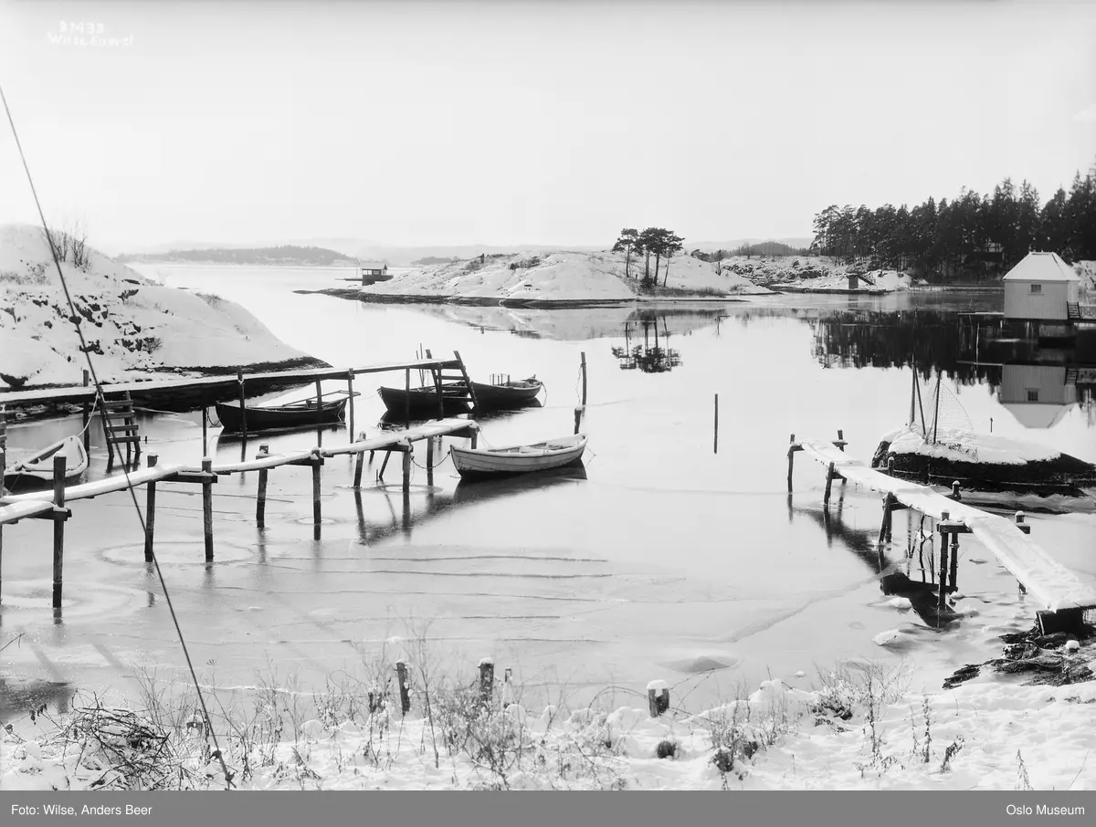 strand, brygge, robåter, badehus, fjord, is, snø