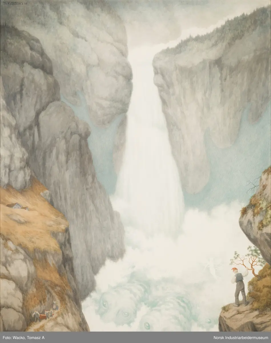 Fem akvareller med motiv fra utbyggingen av kraftverket Svælgfos. «Fossen» (1907), «Grunnarbeide» (1907), «Dammen på Kloumann-sjøen» (1908), «Svælgfos» (1907) og «Markens grøde» (1907).