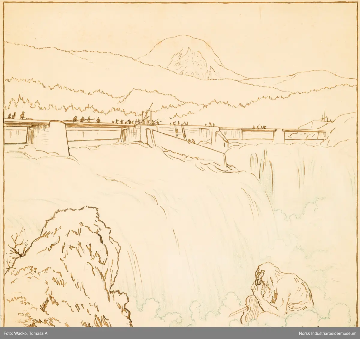 Fem forstudeier og skisser til svelgfos-serien. Motiv fra utbyggingen av kraftverket Svælgfos. Forarbeidet til «Fossen» (1907), «Grunnarbeide» (1907), «Dammen på Kloumann-sjøen» (1908), «Svælgfos» (1907) og «Markens grøde» (1907).