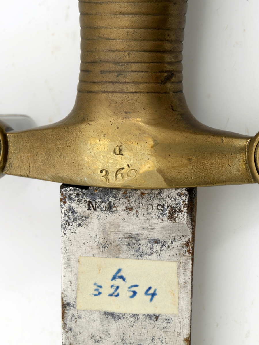 Form: Se foto. Messinggrep.
Sekundærvåpen for pioner/ ingeniør/ artilleri. formet som en kopi av et romersk sverd. Messing feste. Halvkuleformet nitteknapp. Flatoval knapp. Rillet grep. Rette parerstenger som ender i sirkelformede avsluninger.
Rett enegget klieformet klinge med midtstillt odd.
Klinge og grepets kryss merket med tall og bokstaver.