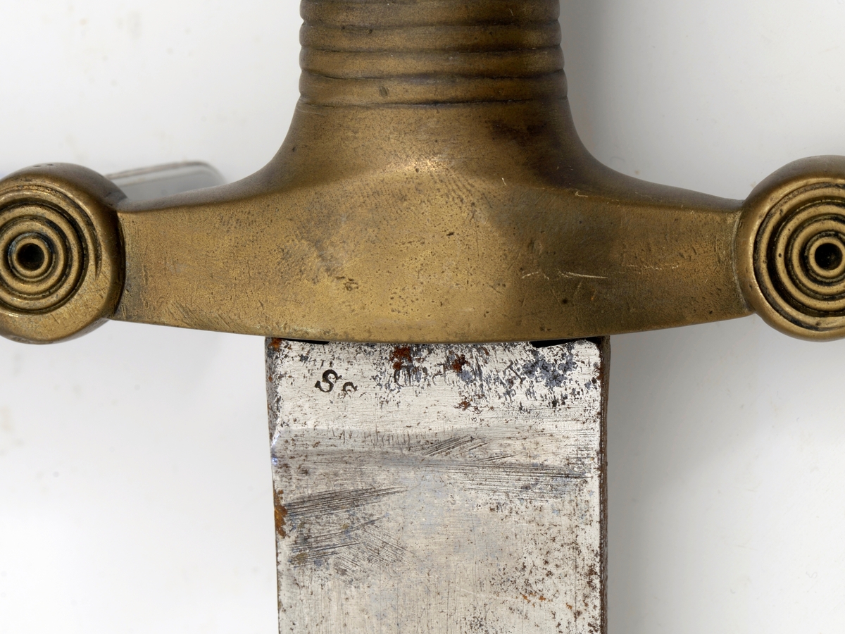 Form: Se foto. Messinggrep.
Sekundærvåpen for pioner/ ingeniør/ artilleri. formet som en kopi av et romersk sverd. Messing feste. Halvkuleformet nitteknapp. Flatoval knapp. Rillet grep. Rette parerstenger som ender i sirkelformede avsluninger.
Rett enegget klieformet klinge med midtstillt odd.
Klinge og grepets kryss merket med tall og bokstaver.