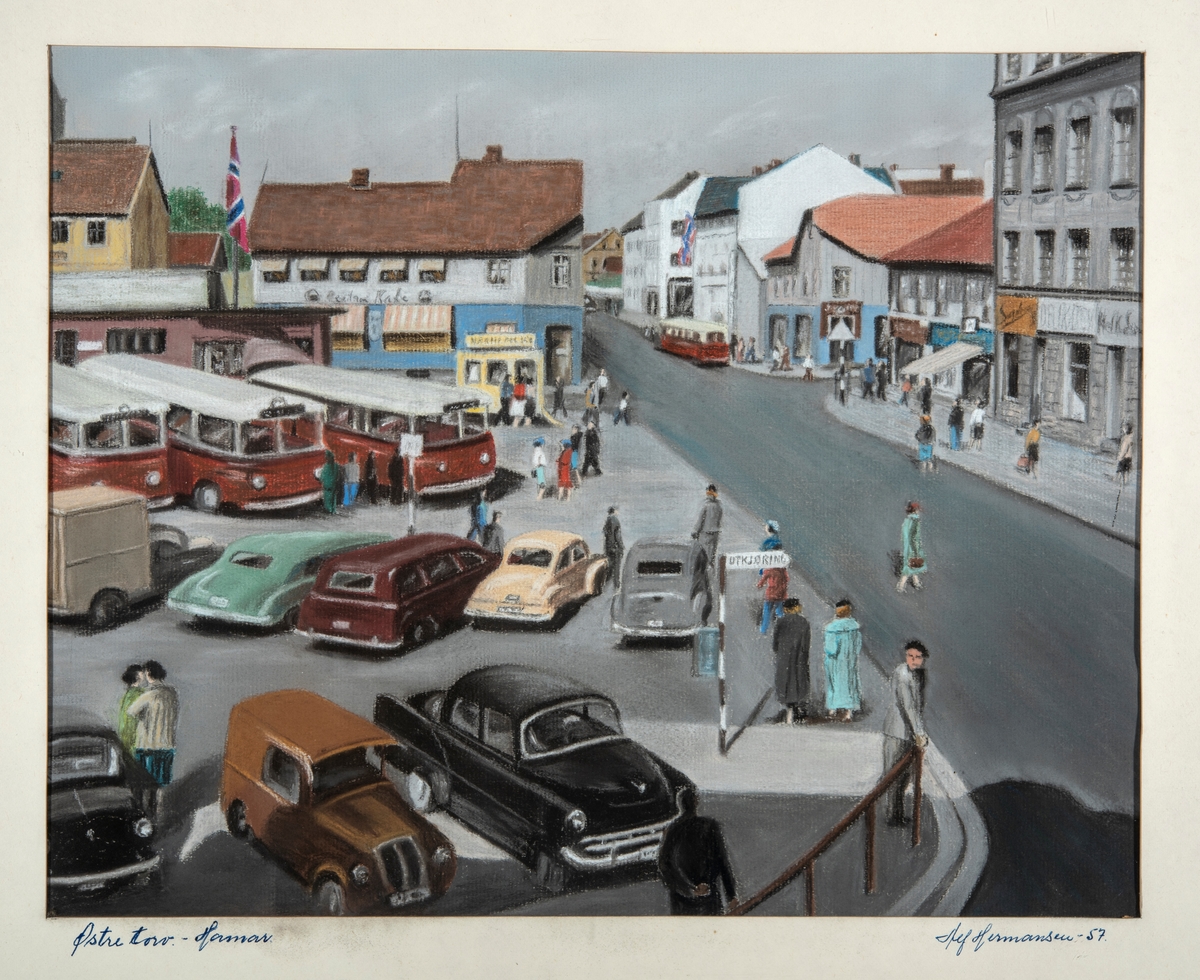Hamar, Østre Torg, pastell av Alf Hermansen 1957. motivet er malt etter et postkort fra Normanns Kunstforlag fra 1955, Vangsvegen, rutebilstasjon, busser og biler, 
Se fotoarkiv nr: 0401-01327