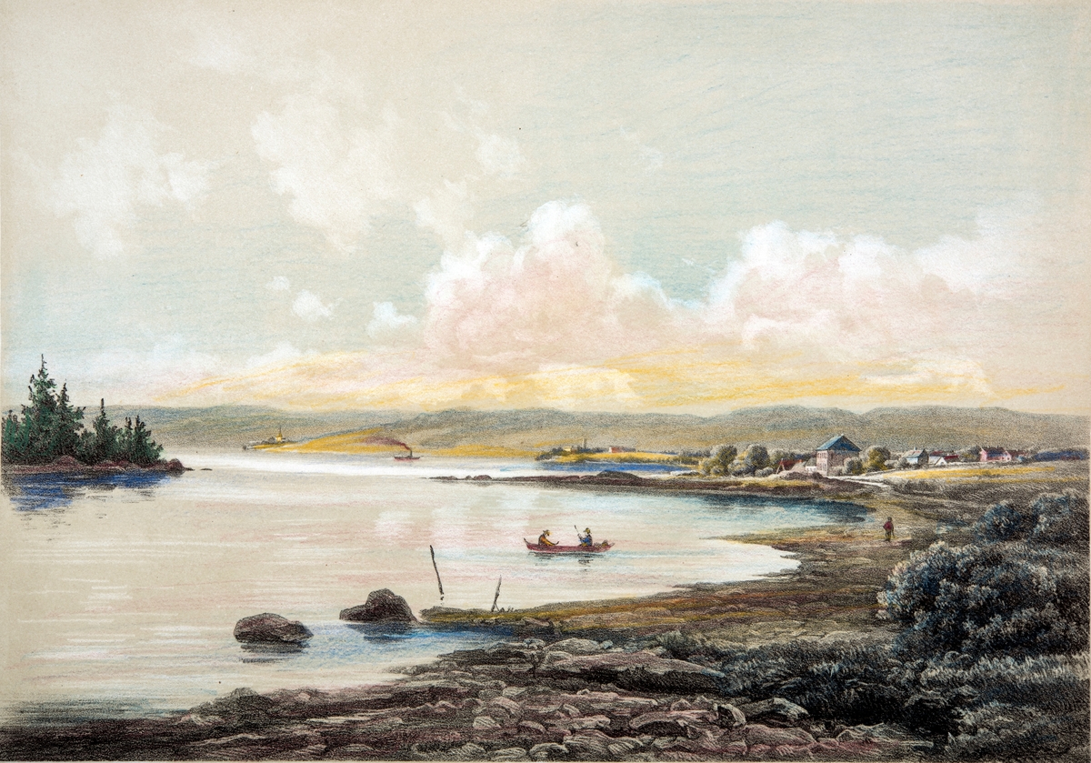 Parti fra Mjøsen. Robåt med fiskere,  Håndkolorert lithografi-trykk fra 1845-åra.  utgitt av Chr. Tønsbergs Forlag og Eiendom. Frich, pinx. E. Vesterberg, lith.
Gamle håndkolorete, fargelagte skillingstrykk, kobbertrykk, steintrykk.