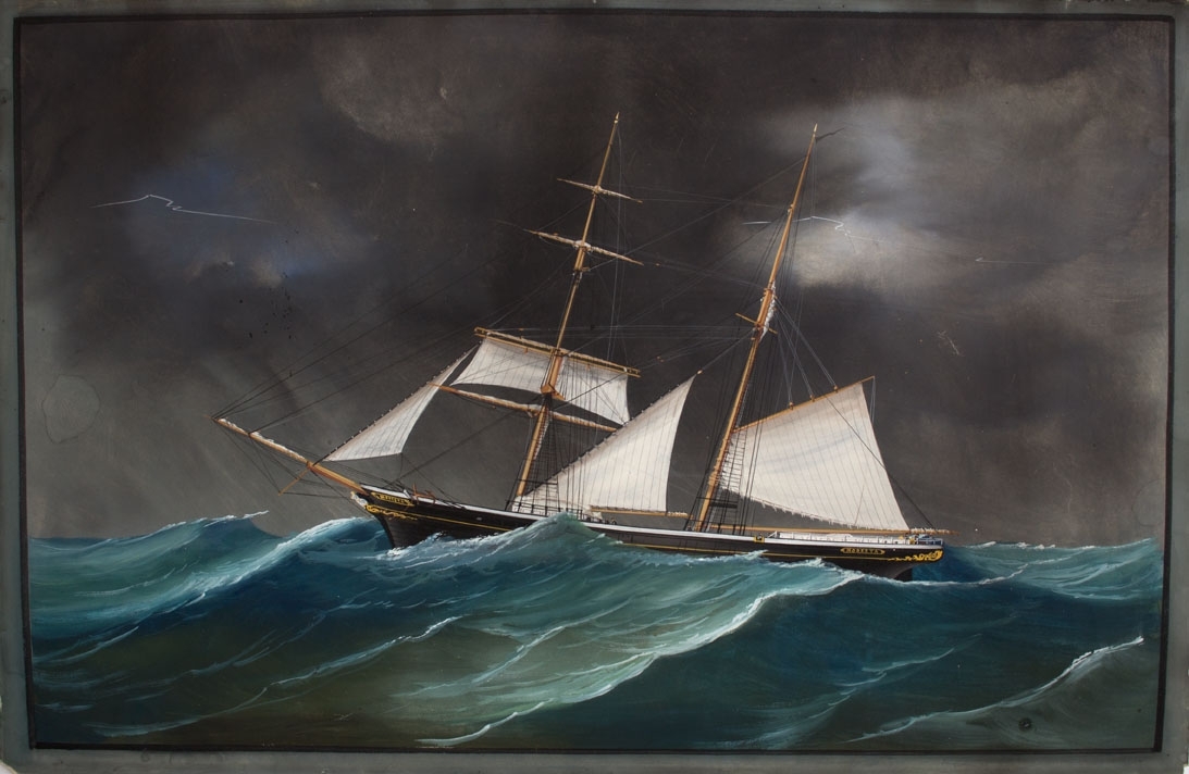 Skipsportrett av skonnertbrigg MODESTA i grov sjø med redusert seilføring.