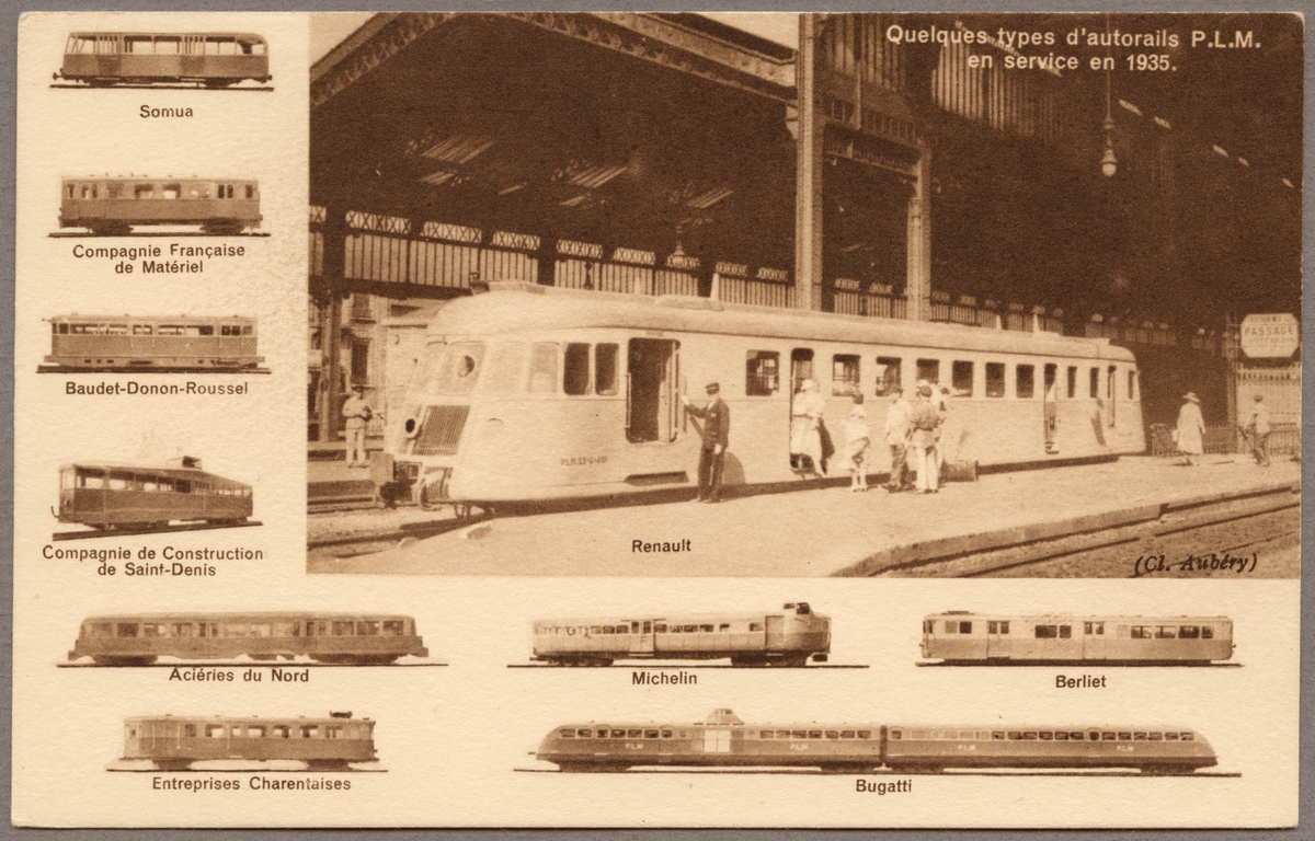 Olika typer av rälsbussar hos Compagnie des chemins de fer de Paris à Lyon et à la Méditerranée, PLM 1935.