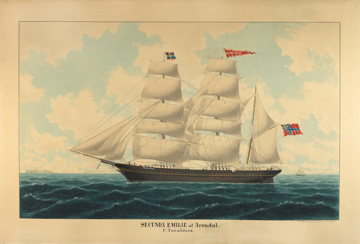 Seilskuten Secunda Emilie af Arendal for fulle seil.