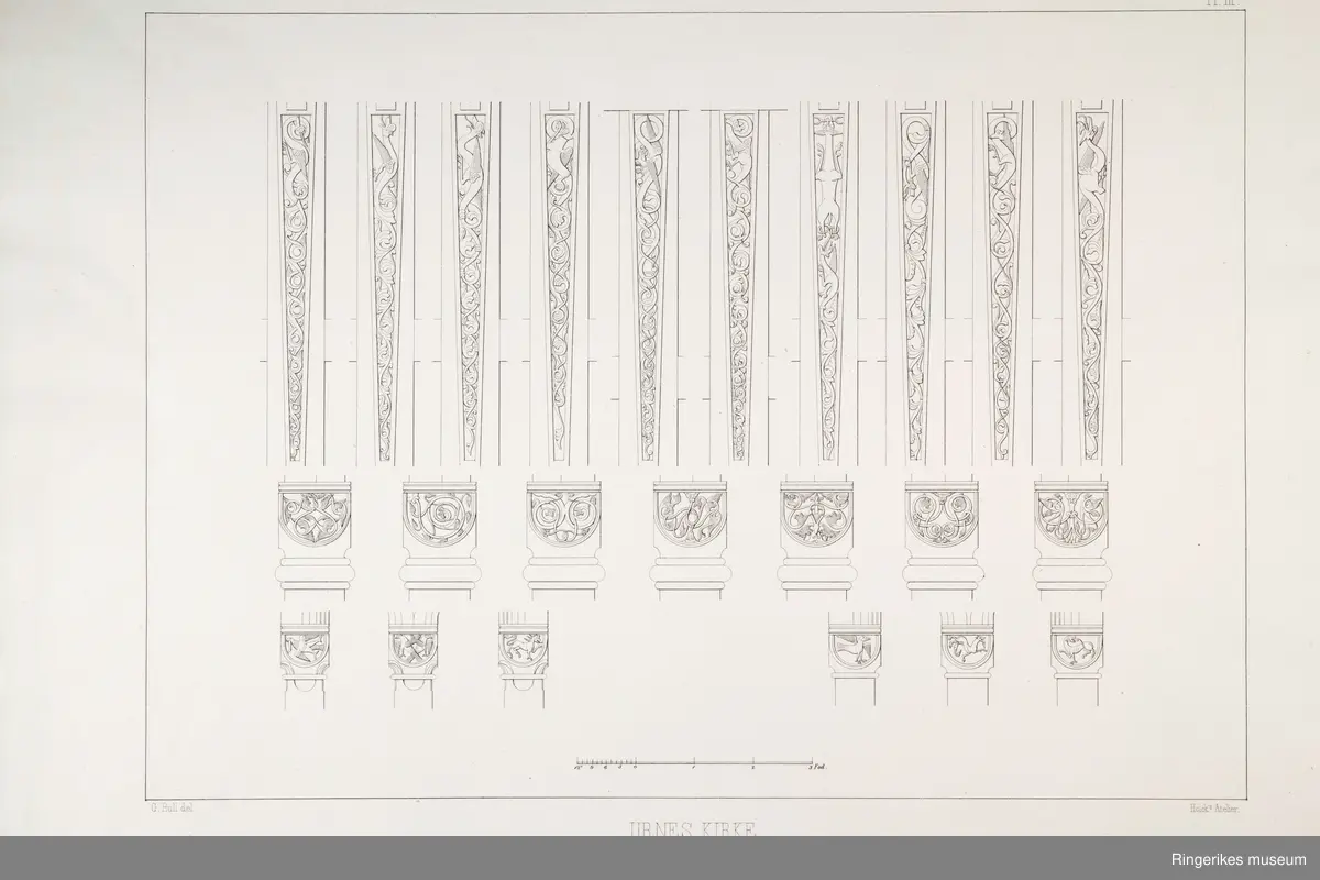 Heftet Norske bygninger fra fortiden utgitt av Foreningen til norske fortidsminnemerkers bevaring
Første hefte plansje 1-4 
Medfølger foreningens årsberetning 1859
Fire plansjer av Urnes kirke i Sogn
Plansjene er tegnet av G.Bull