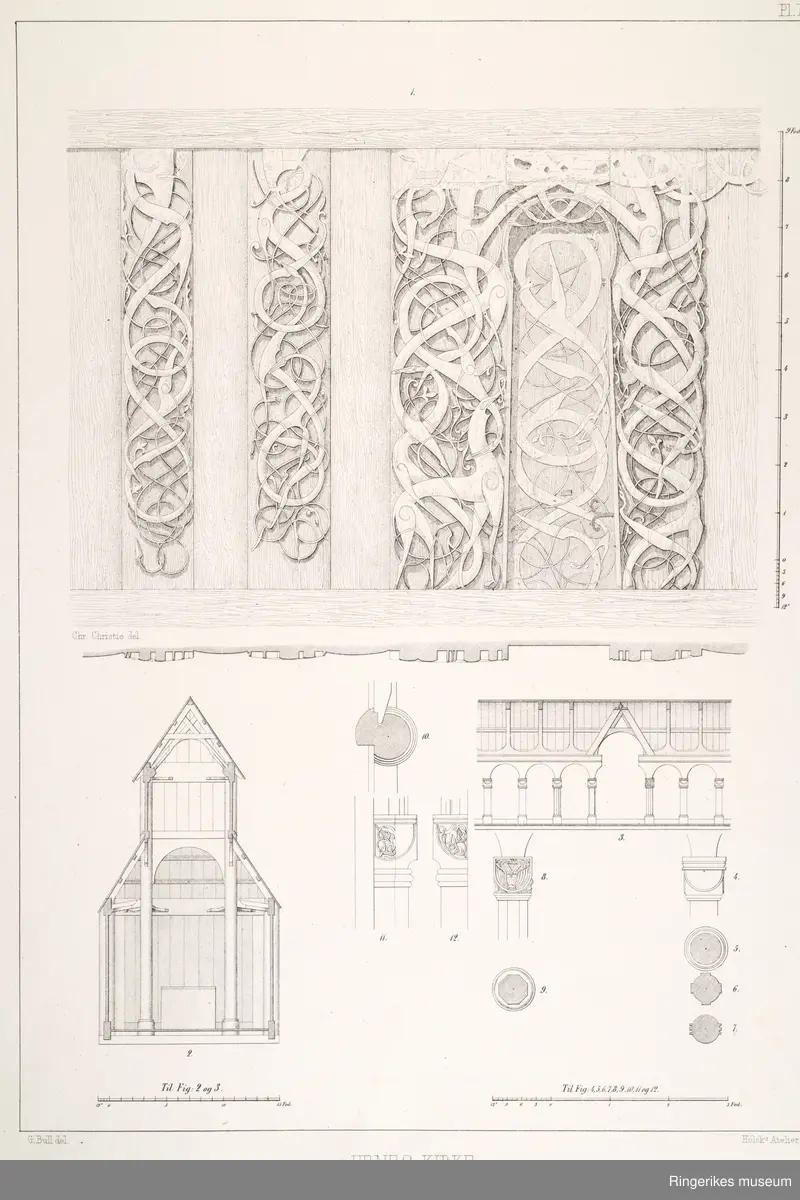 Heftet Norske bygninger fra fortiden utgitt av Foreningen til norske fortidsminnemerkers bevaring
Første hefte plansje 1-4 
Medfølger foreningens årsberetning 1859
Fire plansjer av Urnes kirke i Sogn
Plansjene er tegnet av G.Bull