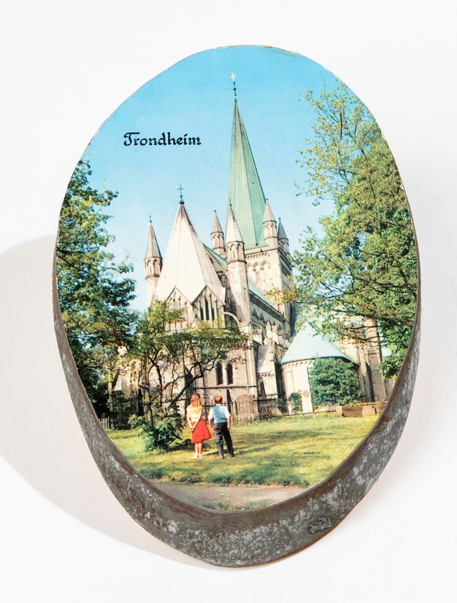 Björktavla, snedsågad björkstam med pålimmat vykort i färg föreställande Nidarosdomen, domkyrkan i Trondheim. På baksidan sitter ett tunt garn för upphängning.