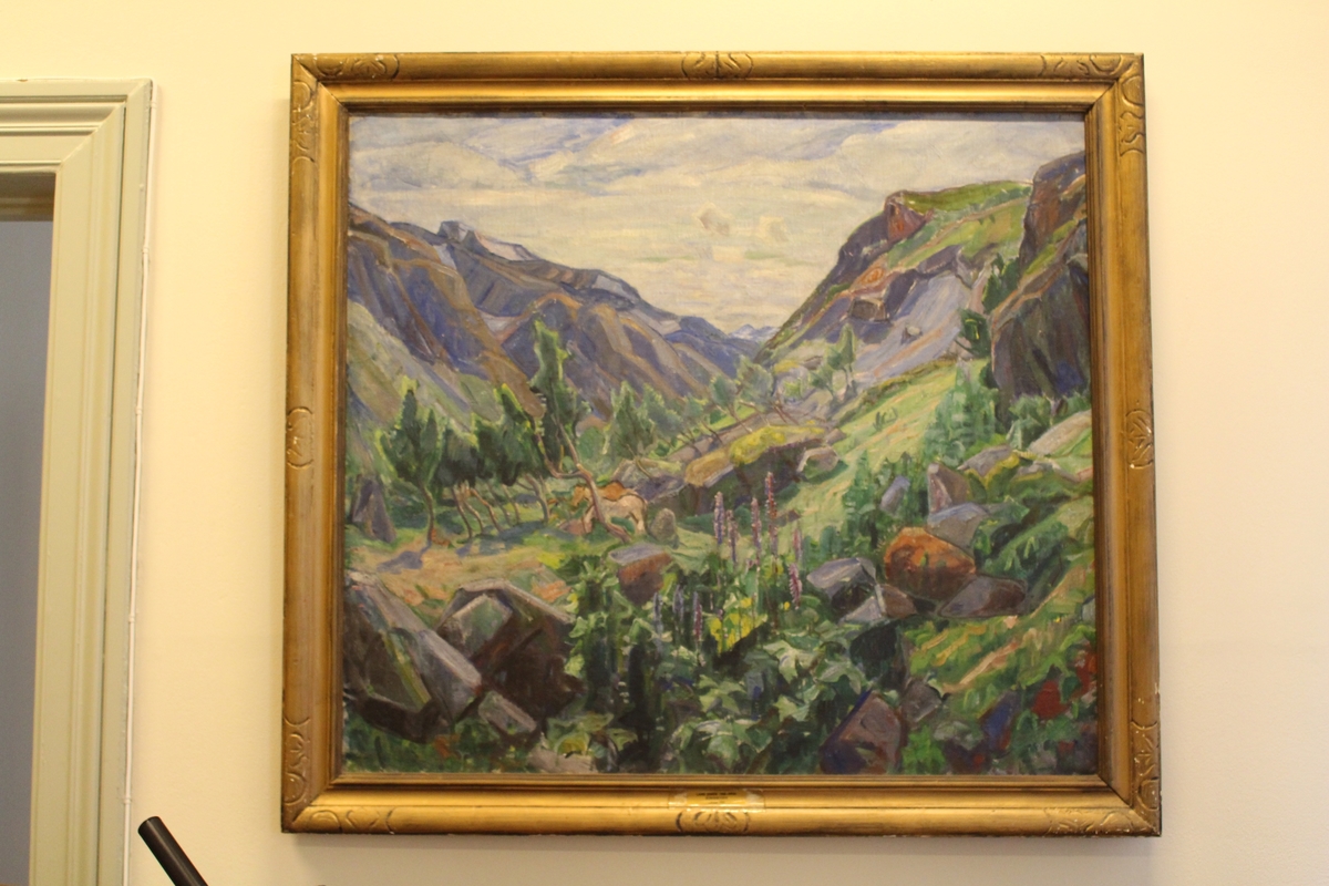 Fjellandskap med knauser og blomster. 