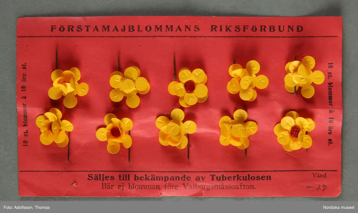 Majblomskarta med 1929 års majblommor.
Röd  karta av rektangulärt papper med tryckt text "FÖRSTAMAJBLOMMANS RIKSFÖRBUND. Säljes till bekämpande av Tuberkulosen. Bär ej blomman före Valborgsmässoafton.10 st. blommor à 10 öre st." Handskrivet i blyerts på framsidan av kartan "-29". På kartan fästa 10 st majblommor av celluloid med dubbla kronblad i gult med röd mittknopp av glas och nål av gulmetall.
På baksidan tryckt text: "Utdrag ur Förstamajblommans Riksförbunds stadgar." + hela pararapraf 2 och 5.
Lena Kättström Höök/ 2013-04-22

Vid försäljningen var majblommorna fästade på detta sätt.
/Lena Kättström Höök 2008-11-17