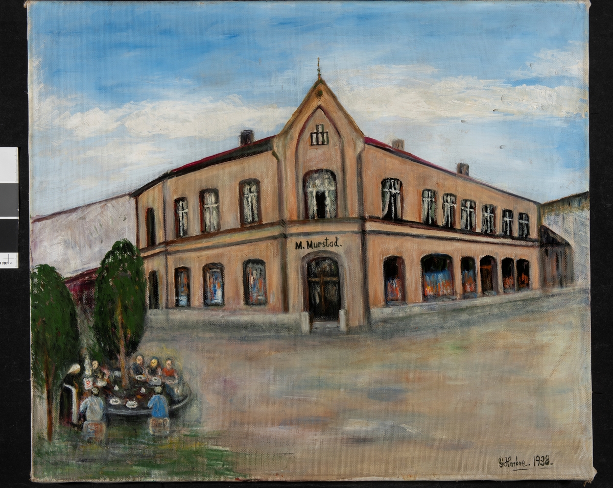 Maleri, kunst. Bilde malt av Gina Harboe i 1938. Bygården til M. Murstad i Torggata 73. Krysset Torggata Bekkegata.