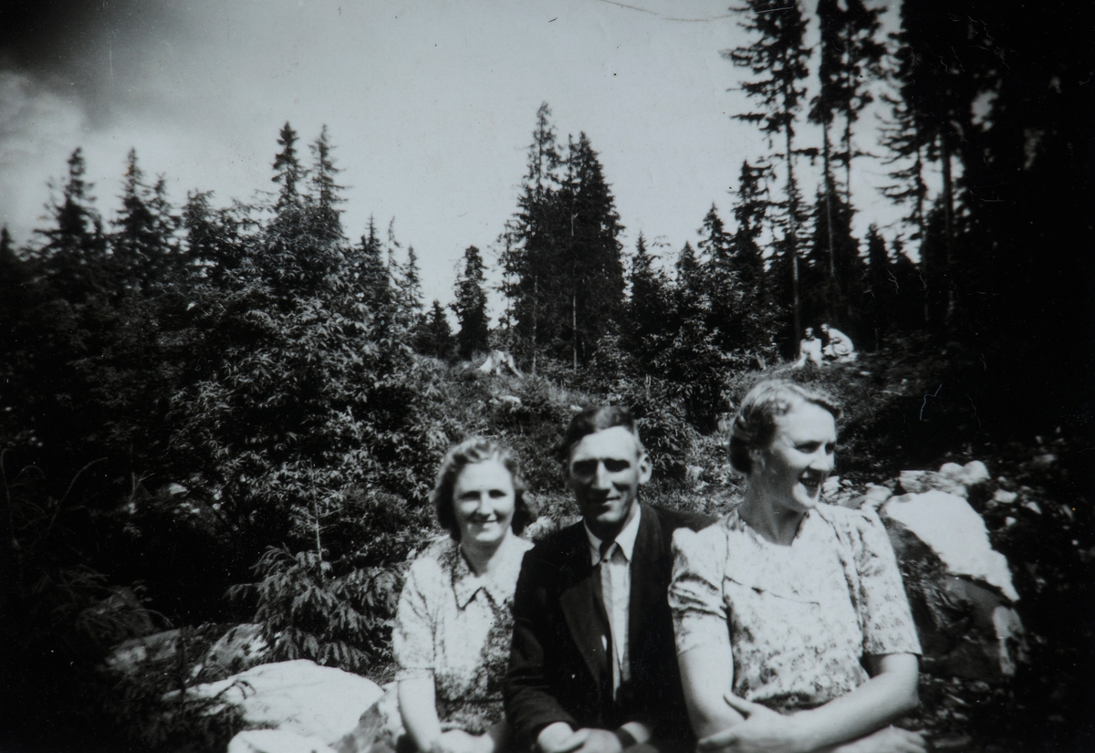 Fra venstre Signe Bekkeli, Jens Løvås, Aasta Myhre, alle fra Ottestad.  Bærtur 1948.