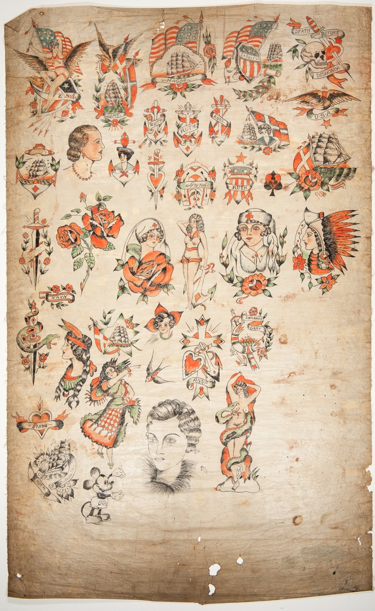 Plansje med tegninger av tatoveringsdesign.