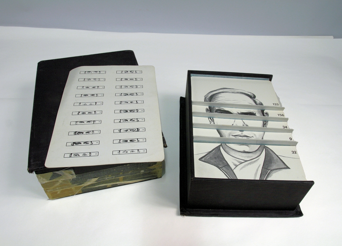 Pappboks med 200 tegnede portretter av menn. Hvert portrett er delt i fem deler, så portrettene kan settes sammen og varieres i det uendelige.