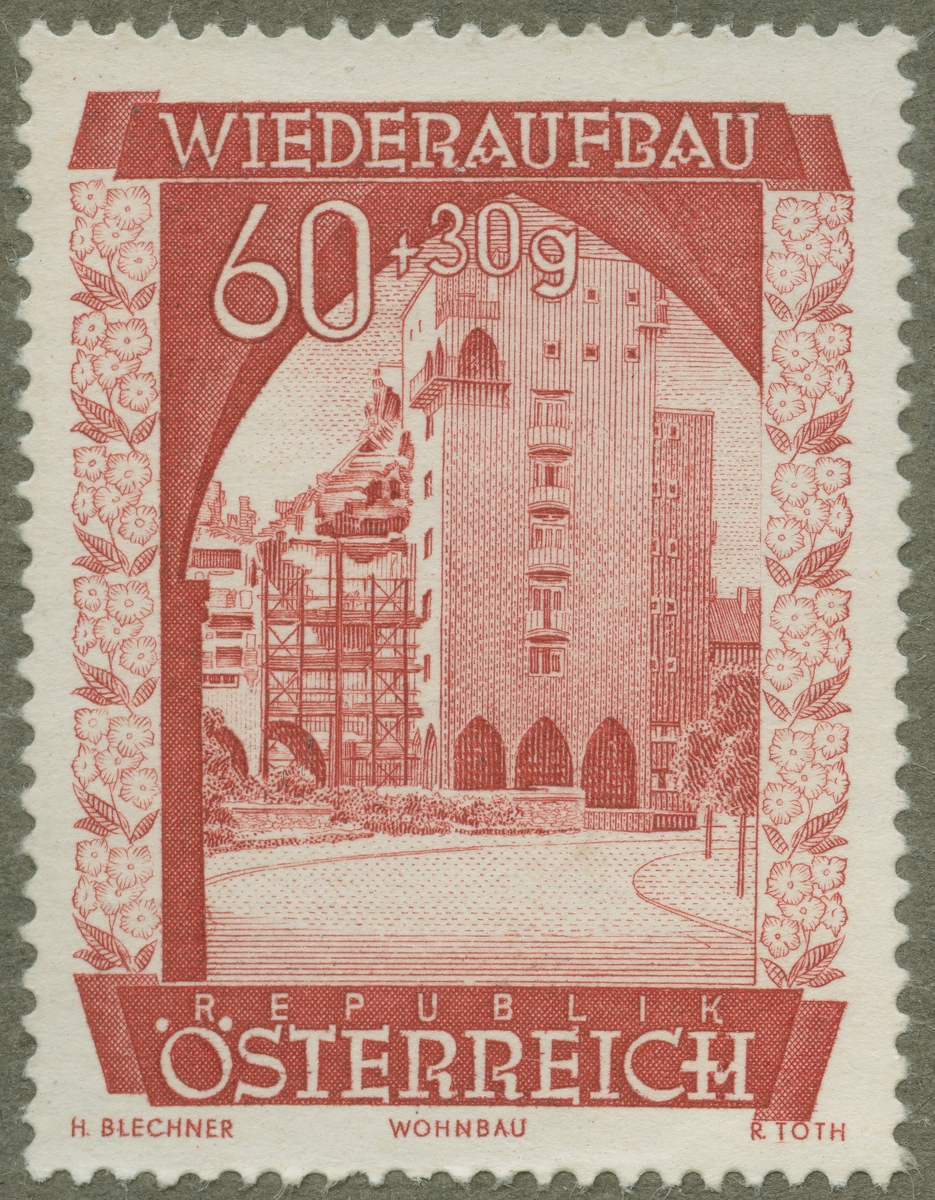 Frimärke ur Gösta Bodmans filatelistiska motivsamling, påbörjad 1950.
Frimärke från Österrike, 1948. Motiv av återuppbyggnadsarbete i Wien 1948.