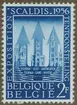 Frimärke ur Gösta Bodmans filatelistiska motivsamling, påbörjad 1950.
Frimärke från Belgien, 1956. Motiv av tre gamla kyrkor i (v. till h.): Doornik (fr. Tournai), Gent (fr. Gand) och Antwerpen (fr. Anvers). 