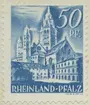 Frimärke ur Gösta Bodmans filatelistiska motivsamling, påbörjad 1950.
Frimärke från Rheinland- Pfalz, 1948. Motiv av Domkyrka och torg i Mainz.