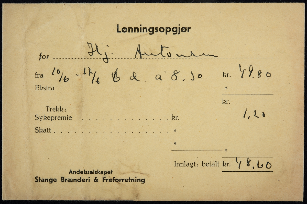 Lønningspose til Hjalmar Antonsen. Lønningsopgjør. Stange Brænderi og Frøforretning. 1920-tallet?