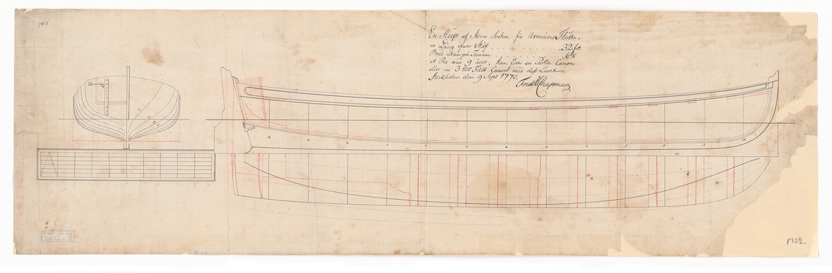 Kanonslup för Arméns flotta. Spantruta, profil- och planritning.