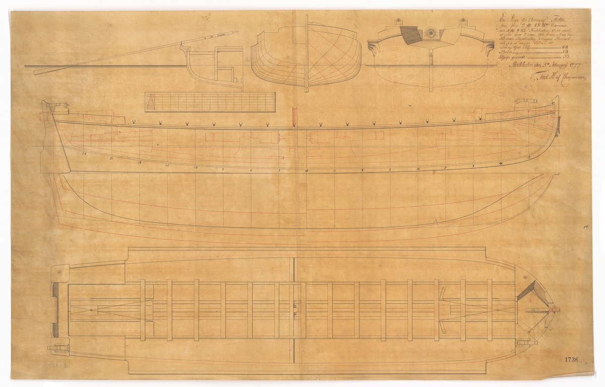 Kanonslup med två 18-pundiga kanoner. Profil, spant och plan.