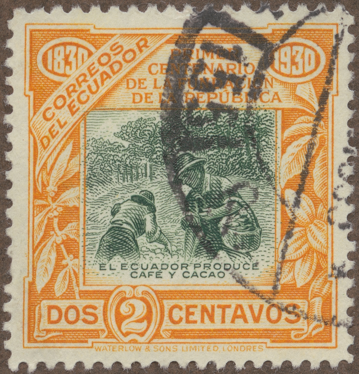 Frimärke ur Gösta Bodmans filatelistiska motivsamling, påbörjad 1950.
Frimärke från Ecuador, 1930. Motiv av skörd av kaffe och cacao. "Ecuador Republiken 100 år: 1830-1930".