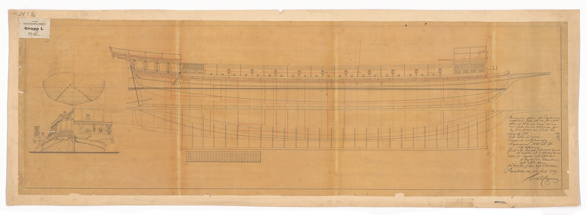 Galär med 20 årpar. Linje-, spant- och profilritning.