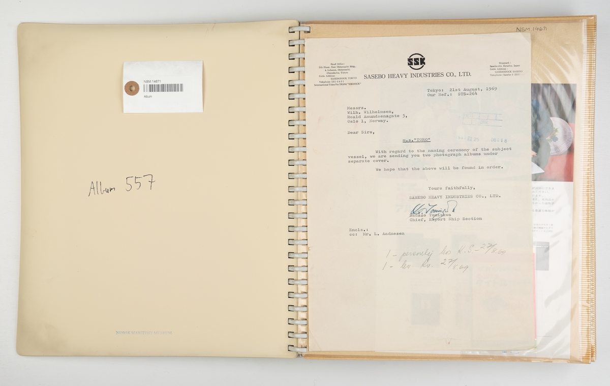 Album med fotografier av sjøsetting, dåp og overlevering av M/S 'Toro'. Album 1 av 2.