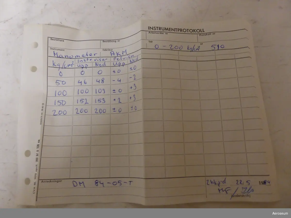 En 2-visarmanometer för bromstryck, tillverkad av SAAB. På instrumentet finns det en fastklistrad etikett där det står: "2 Hkp div 8 4-0 5-T".