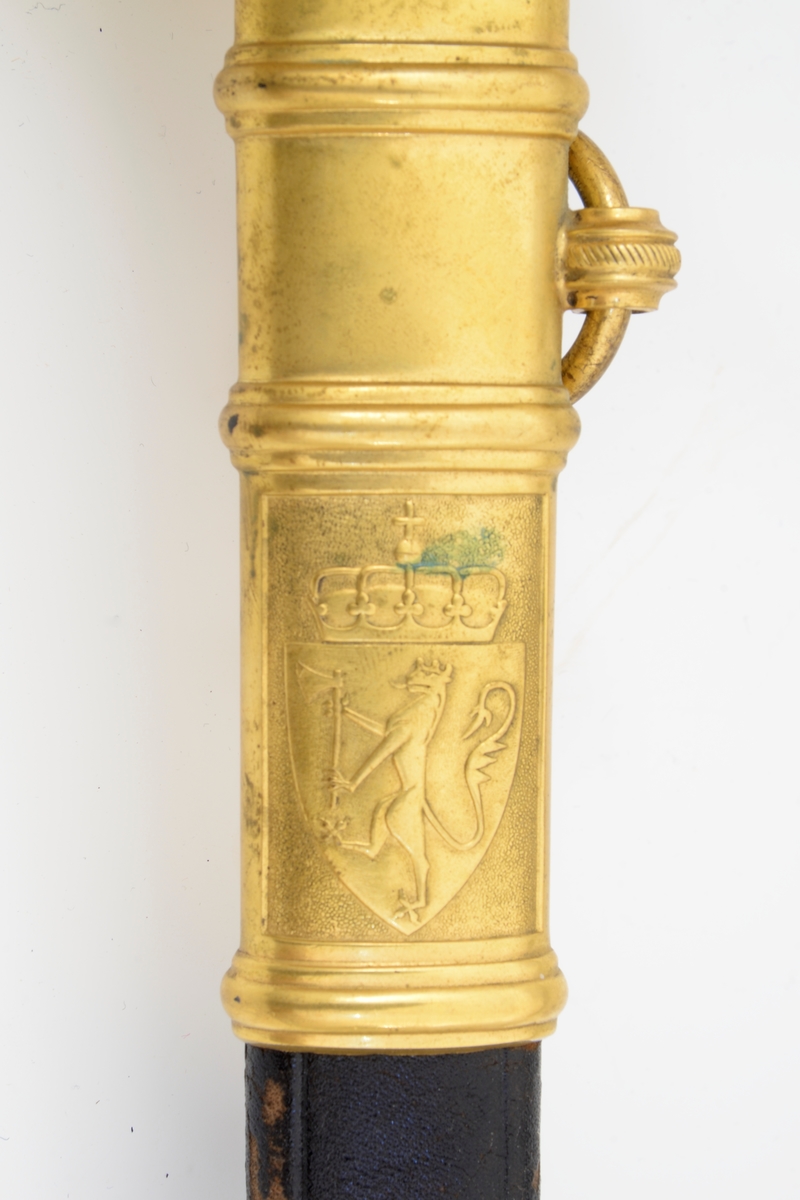 Norsk marinesabel Modell 1842. Feste i forgyllyt messing. Flat knapp med blomstermotiv. Nakkestykke merket "Lars Yggeseth"
Hvitt plastgrep med riller med snodd messingtråd i rillene. Gjennombrutt parerplate på utsiden med urent anker..Bakre parerstang svakt medbøyd og ender i en flattykt kule. Fremre parerstang går over i håndbøylen.
Gulltråde portepé flettet med alternativt svart/mørkeblått og gull.
Svakt krummet enegget klinge med rygg- og midtstillt blodrand. Klingen har etset dekor med moderne marinefartøy og kronet urent anker. Klimgen er merket med Carl Eichorns Solingenstempep i en oval rundt et ekorn.
Lærbalg med forgyllte messingbeslag. Munnblikket merket med norsk løve på forsiden og " Y " på baksiden. Midtbåndet er merket med kronet urent anker. Doppskoen har Neptuns tref ork og militære attributter.