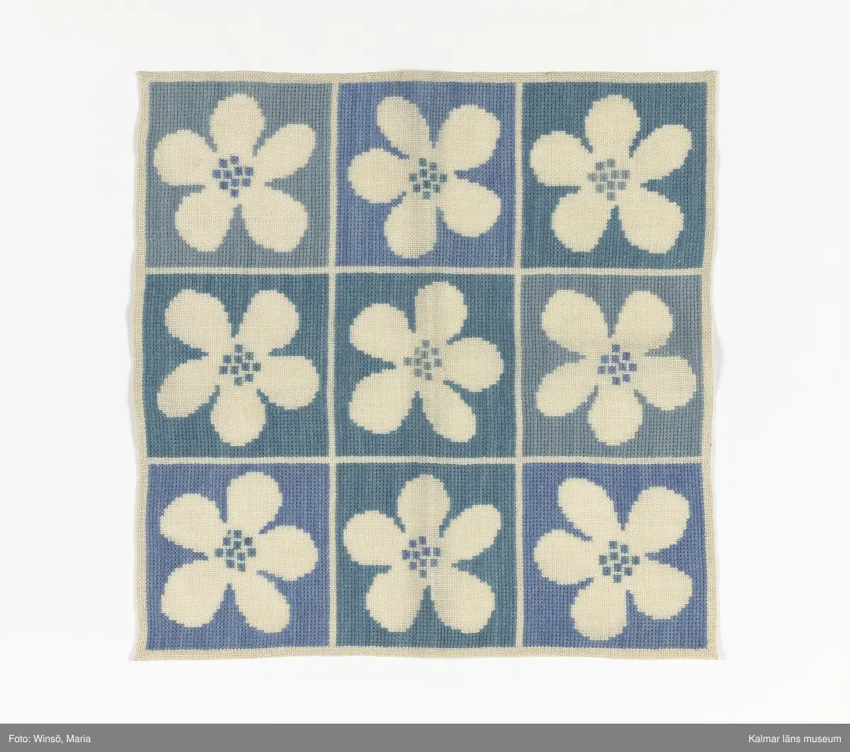 Rutmönster med vita blommor på blå och grön bakgrund (:1) samt rosa och röd bakgrund (:2). Titel: "Oj vad de blommar".