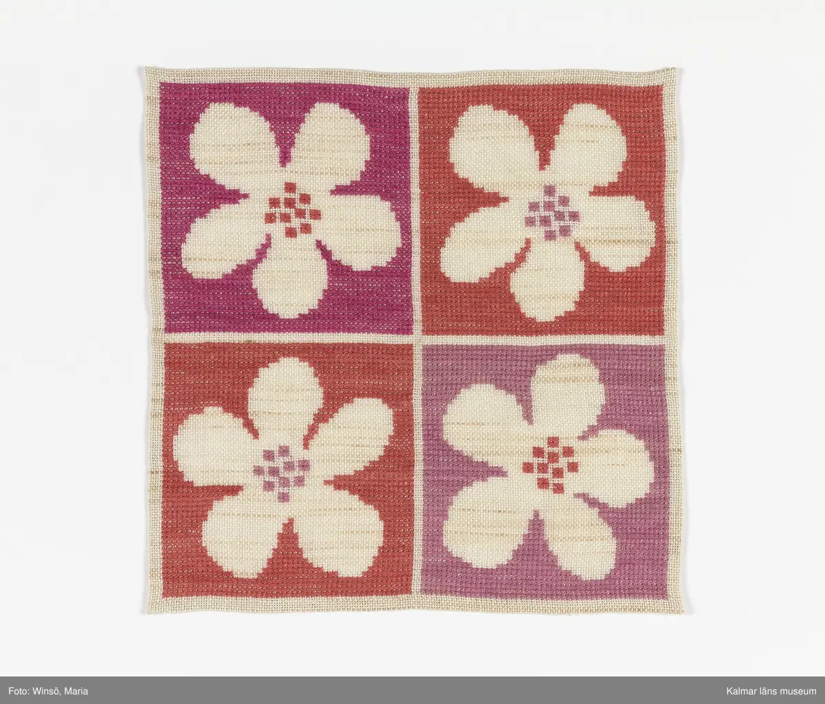 Rutmönster med vita blommor på blå och grön bakgrund (:1) samt rosa och röd bakgrund (:2). Titel: "Oj vad de blommar".