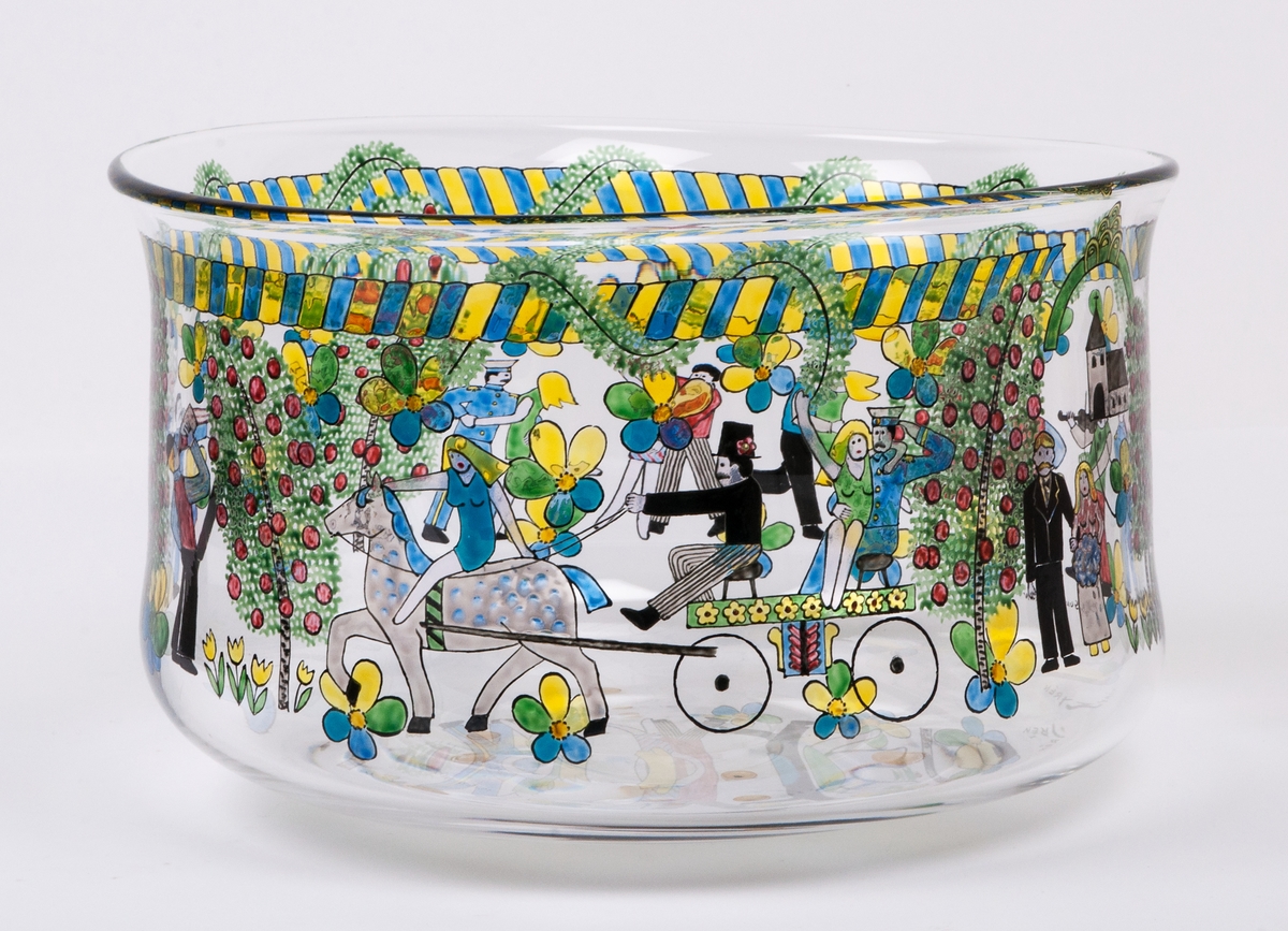 Målad glasskål, "Bröllop", ut Gunnas Cyréns glassamling "Svenska män och flickor".