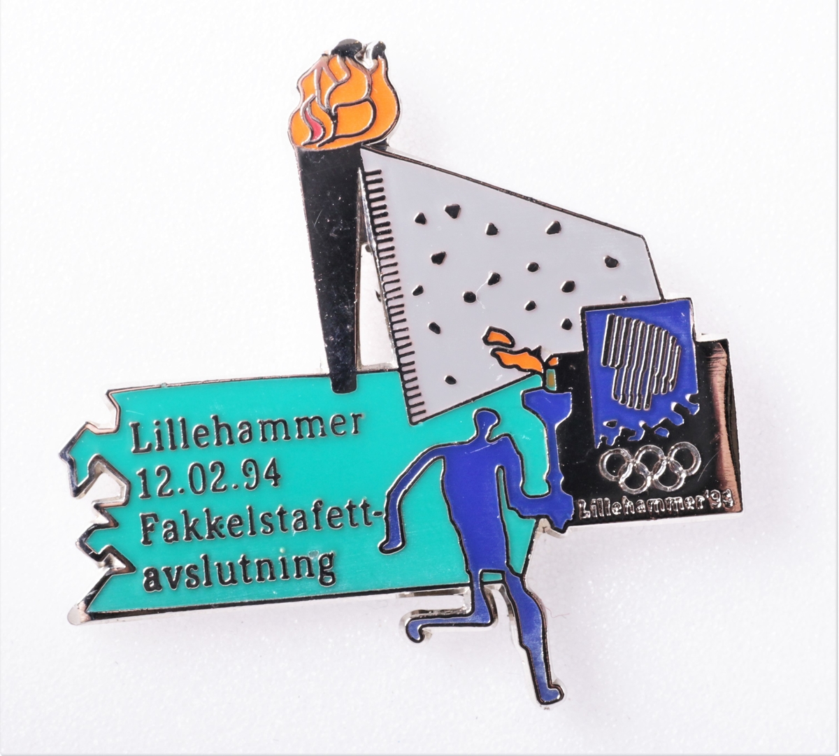 Piktogram med fakkelbæreren fra OL 1994. Fakkelstafettavslutning Lillehammer 12.02 94