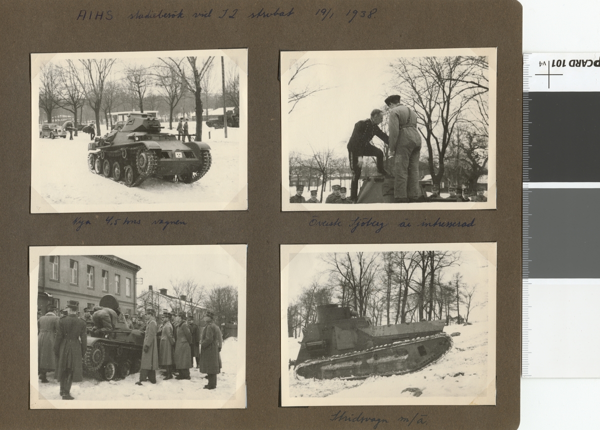 Text i fotoalbum: "AIHS studiebesök vid I 2 strdvbat (Göta livgardes stridvagnsbataljon) 19.1.1938. Överste Sjöberg är intresserad."