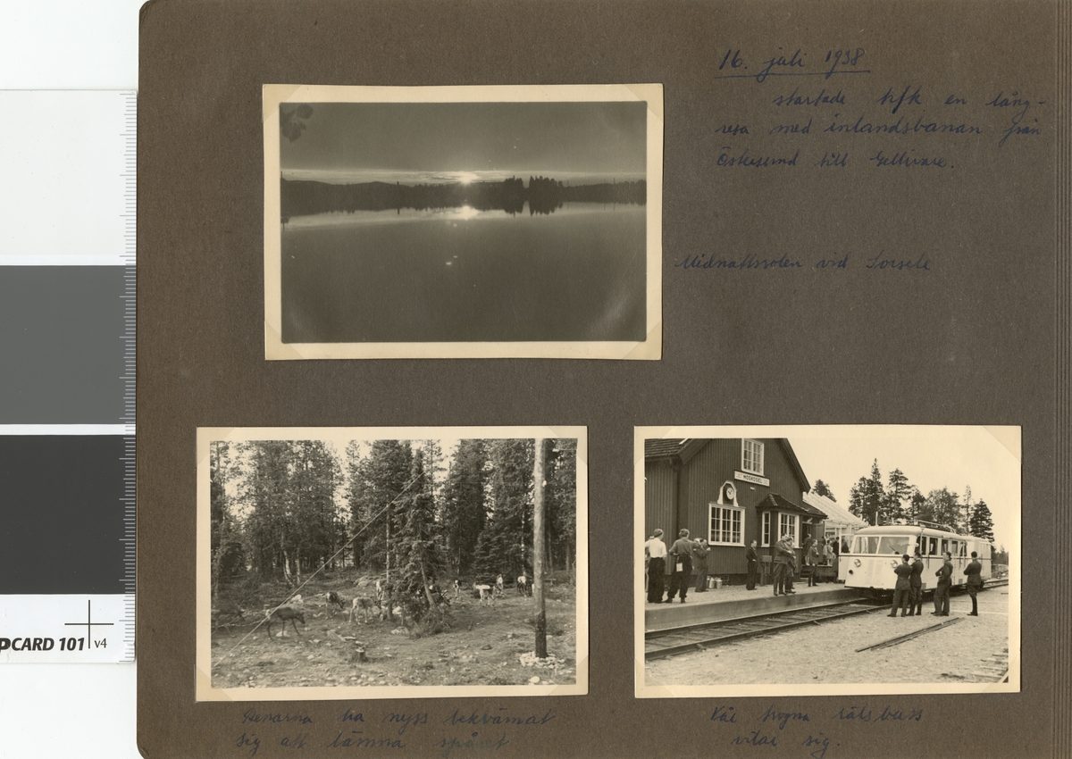 Text i fotoalbum: "16. juli 1938 startade hfk (högre fortifikationskurs) en långresa med inlandsbanan från Östersund till Gellivare. Vår trogna rälsbuss vilar sig."