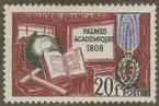 Frimärke ur Gösta Bodmans filatelistiska motivsamling, påbörjad 1950.
Frimärke från Frankrike, 1958. Motiv av jordglob med mera. Symboler för Franska Vetenskapsakademien. 